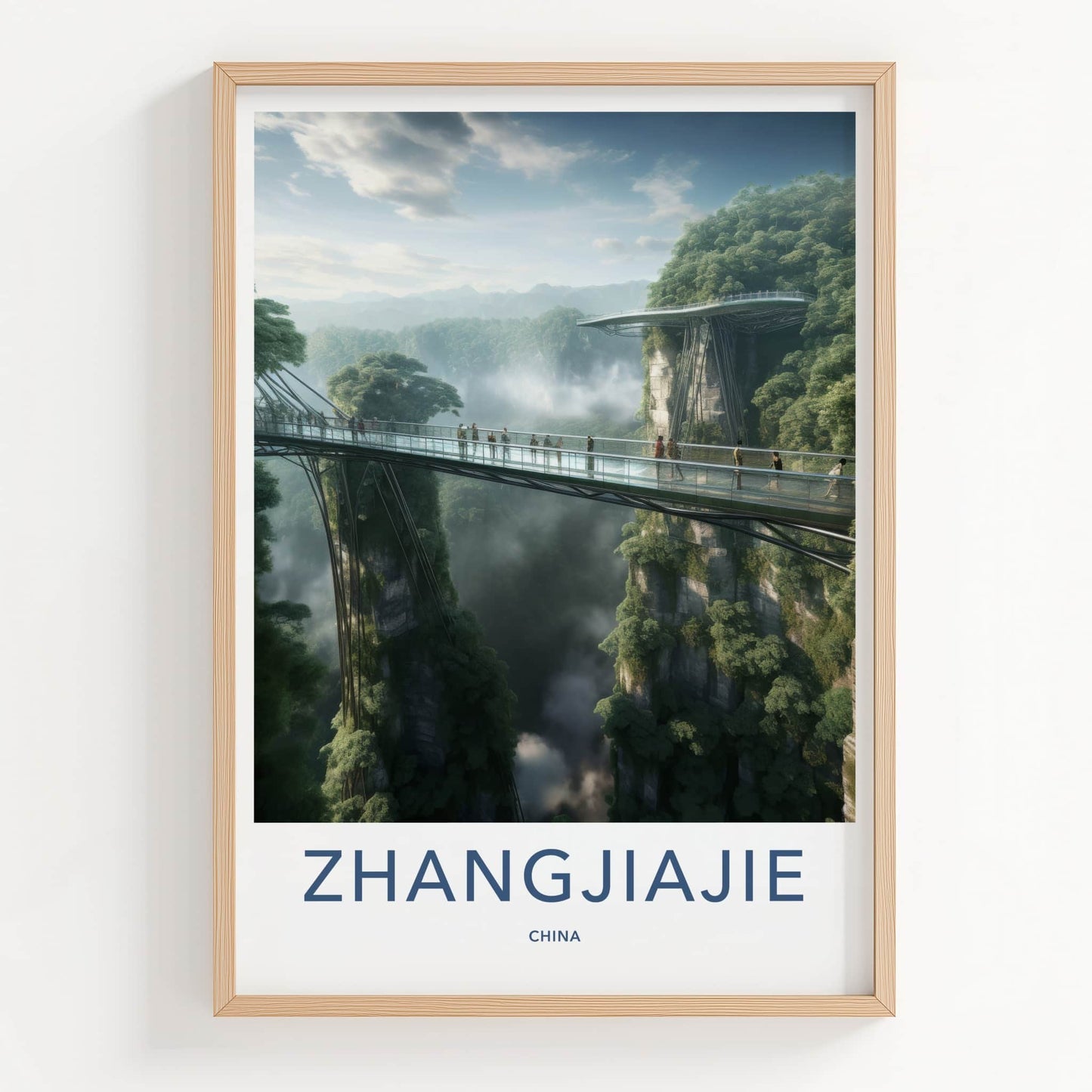 Zhangjiajie Poster - China Travel Art - Misty Gorge Bridge Home Decor
