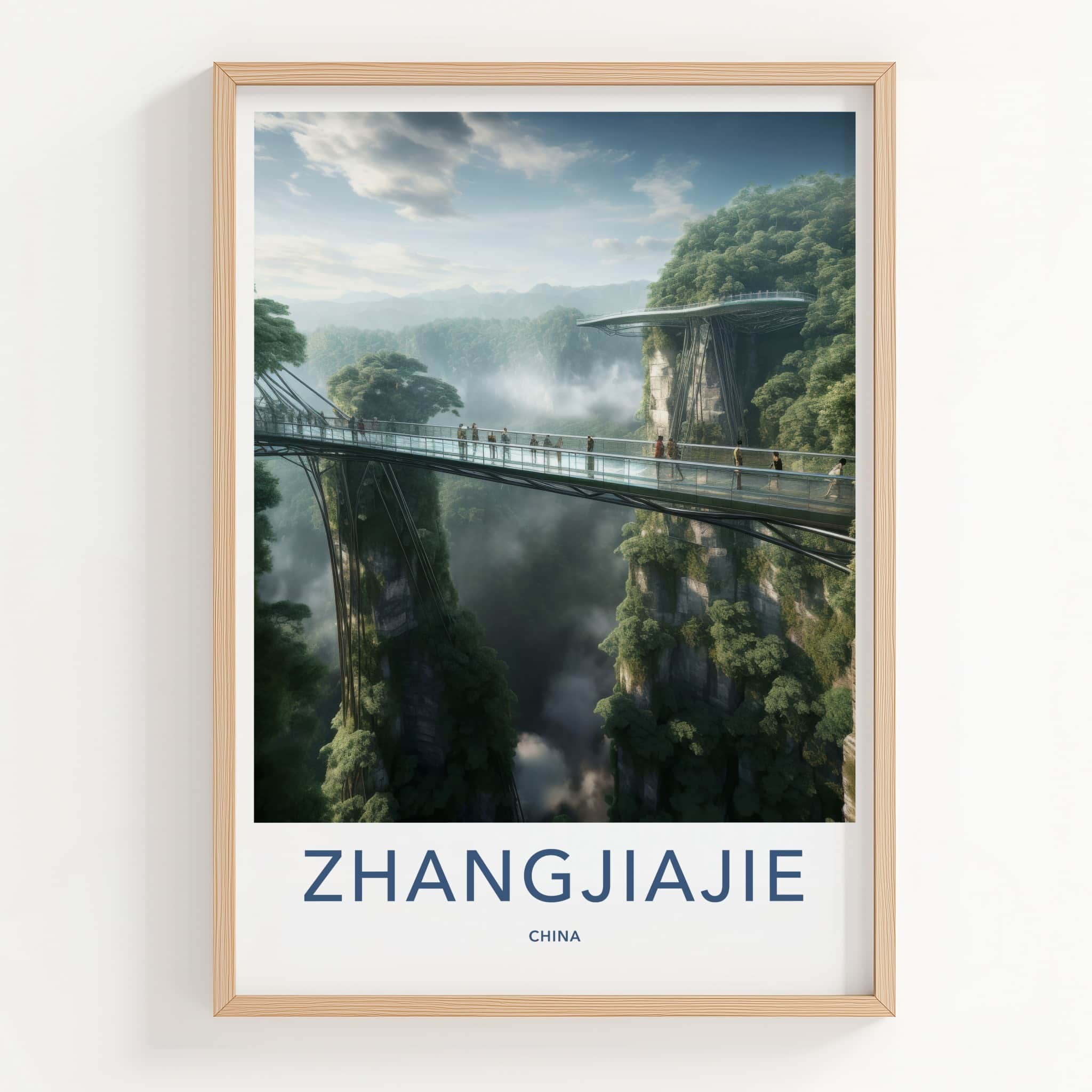 Zhangjiajie Poster - China Travel Art - Misty Gorge Bridge Home Decor