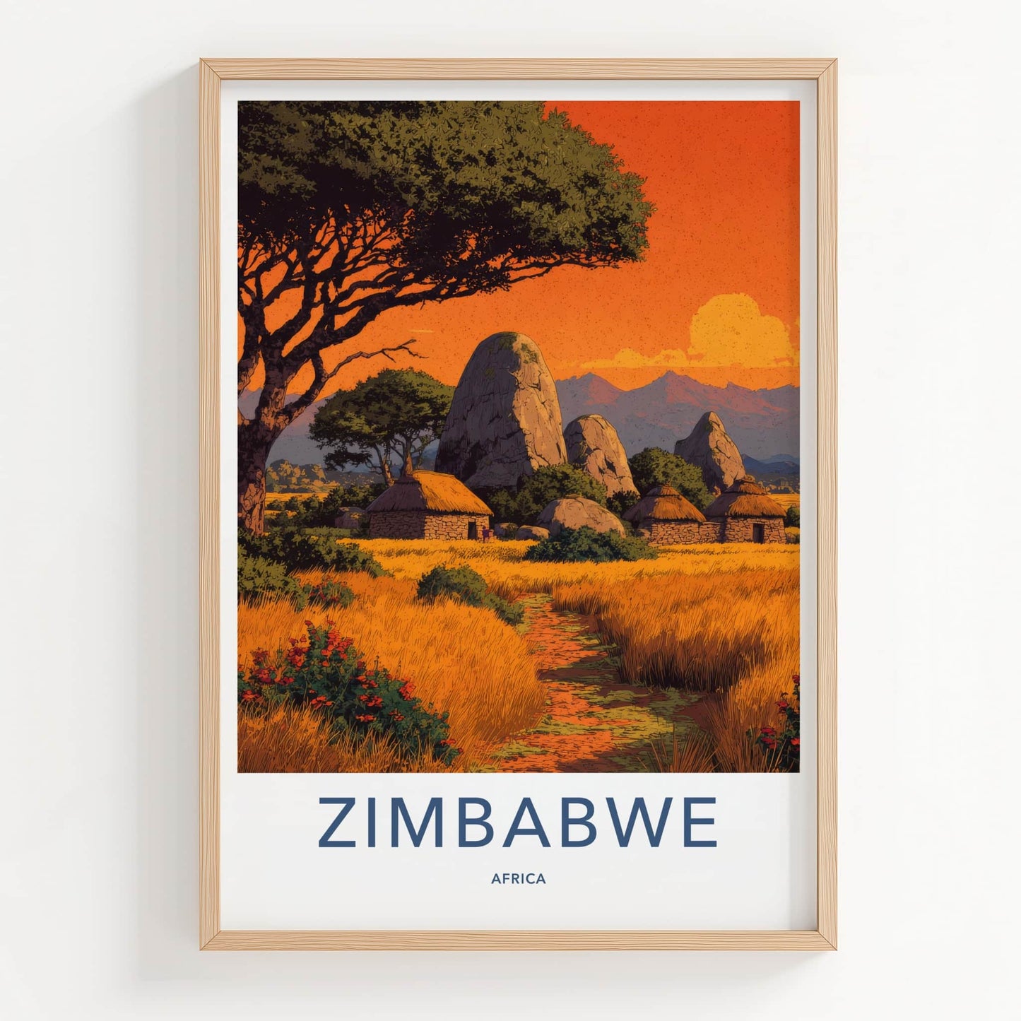 Zimbabwe Poster - Africa Travel Art - African Village Sunset Home Decor