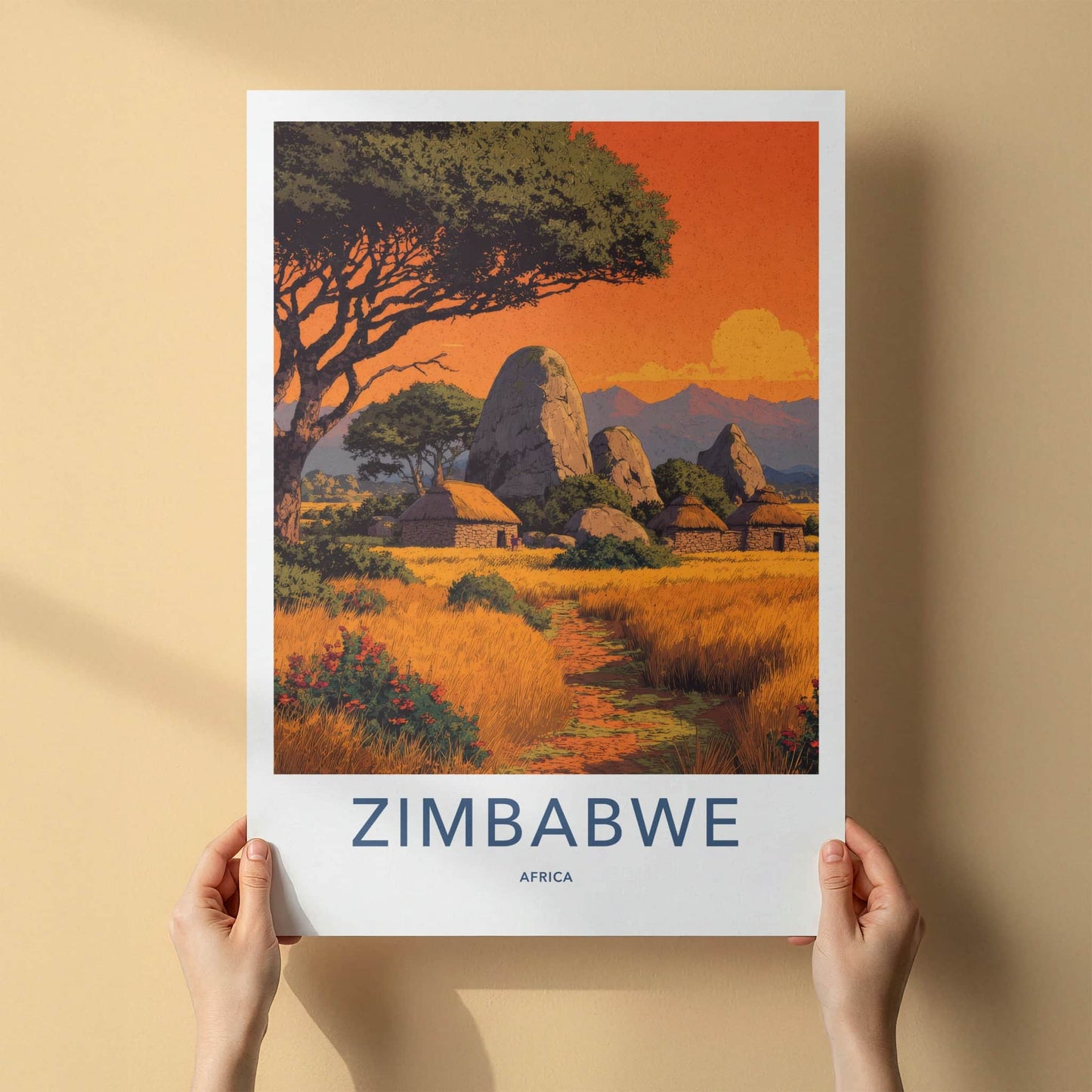 Zimbabwe Poster - Africa Travel Art - African Village Sunset Home Decor