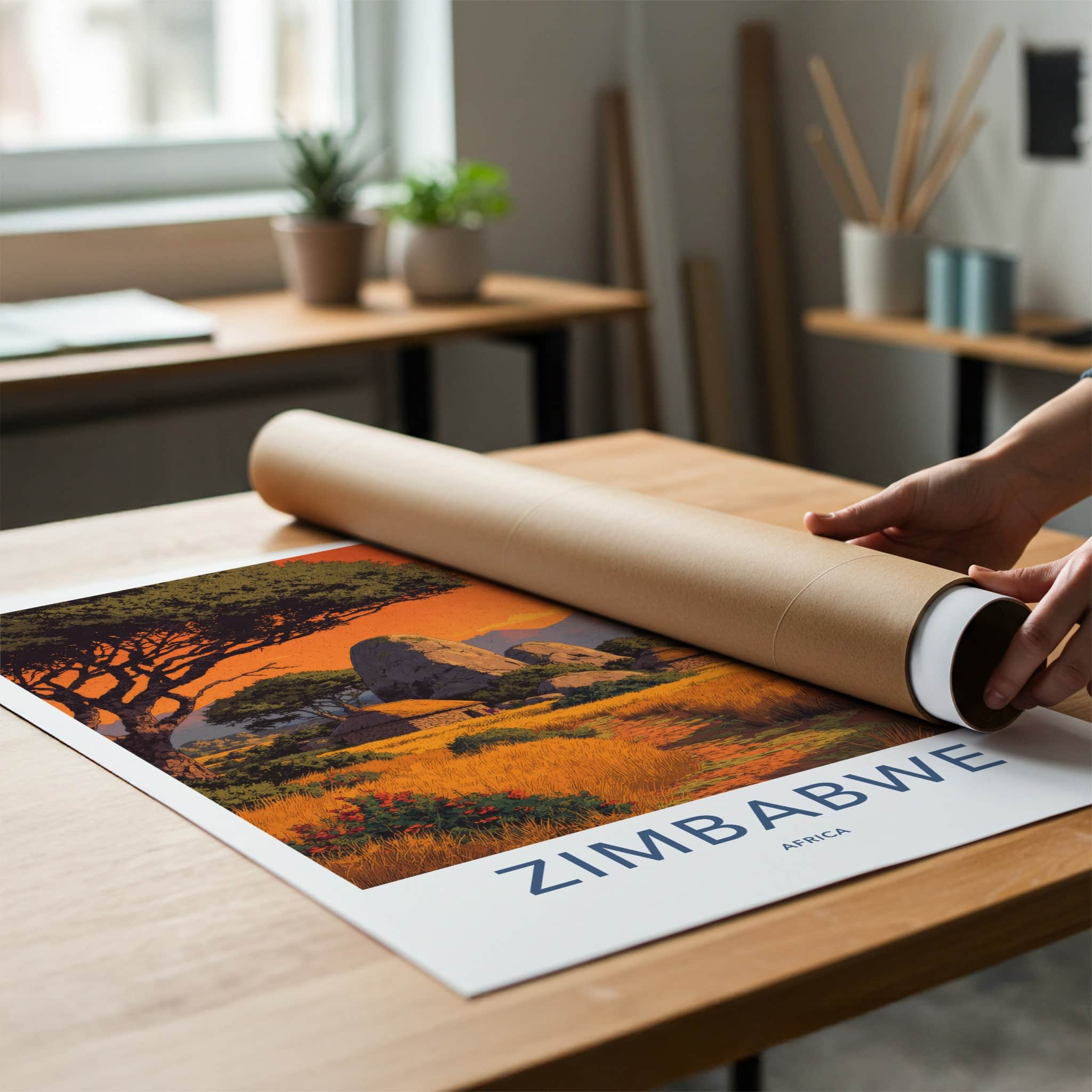Zimbabwe Poster - Africa Travel Art - African Village Sunset Home Decor