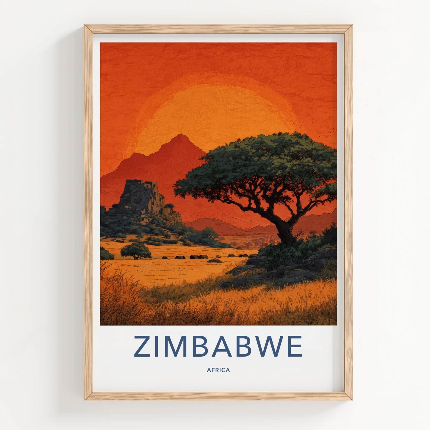 Zimbabwe Poster - Africa Travel Art - Vibrant Sunset Savannah Home Decor