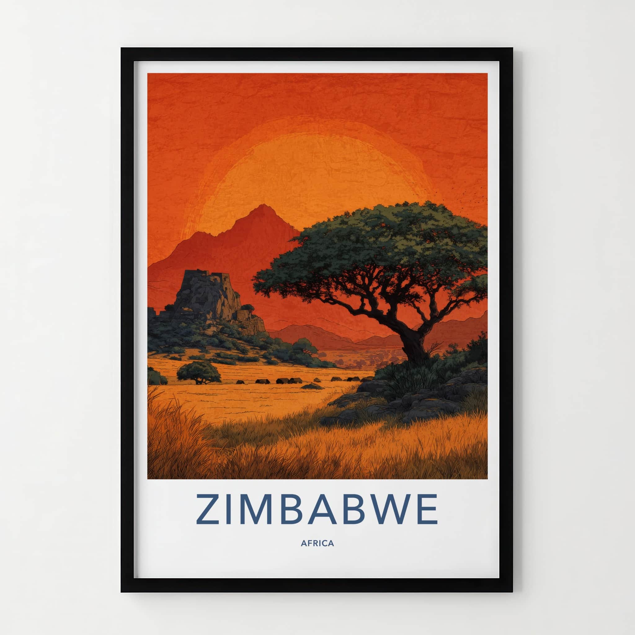 Zimbabwe Poster - Africa Travel Art - Vibrant Sunset Savannah Home Decor