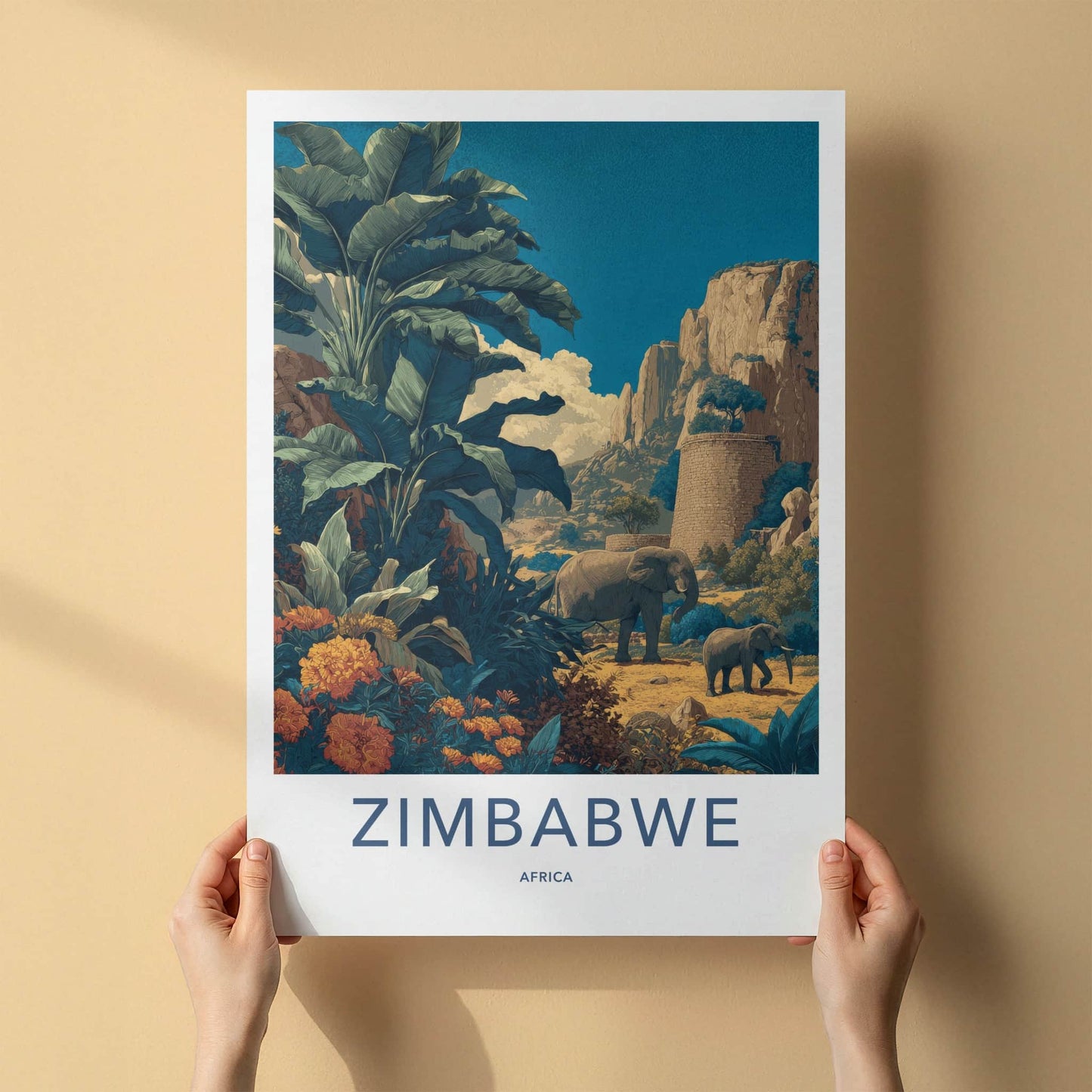 Zimbabwe Poster - Zimbabwe Lush Scene Elephants Home Decor