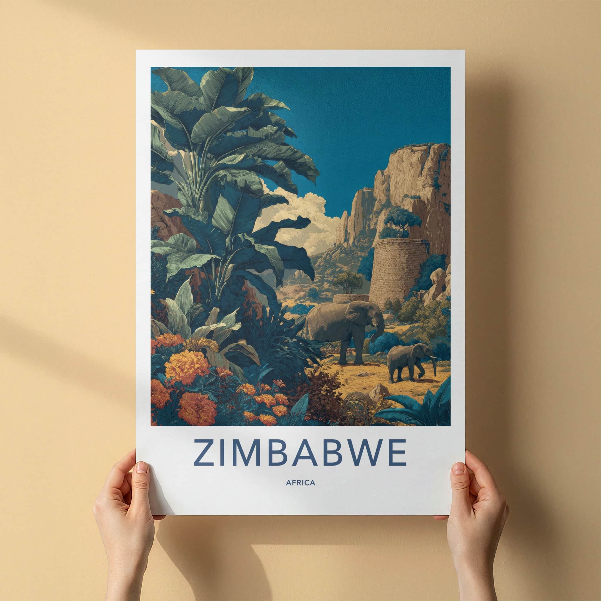 Zimbabwe Poster - Zimbabwe Lush Scene Elephants Home Decor