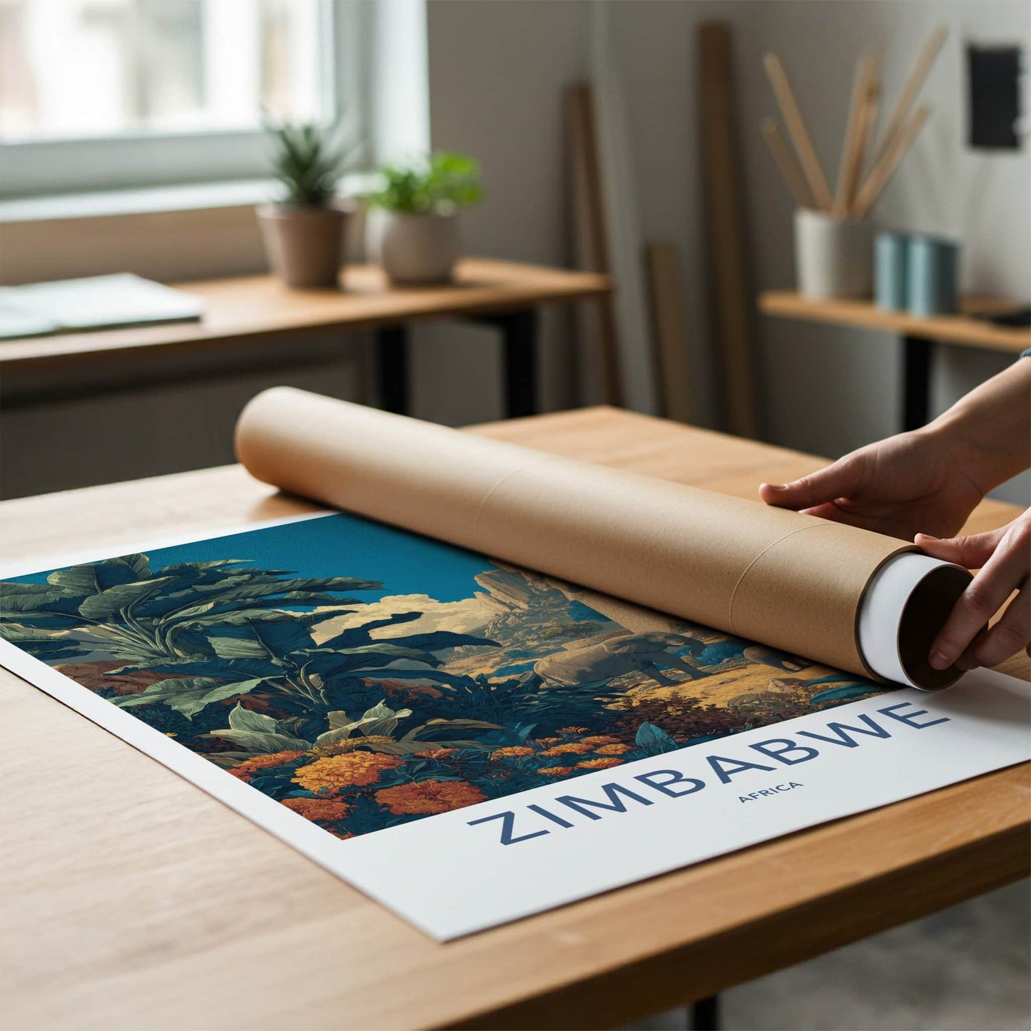 Zimbabwe Poster - Zimbabwe Lush Scene Elephants Home Decor