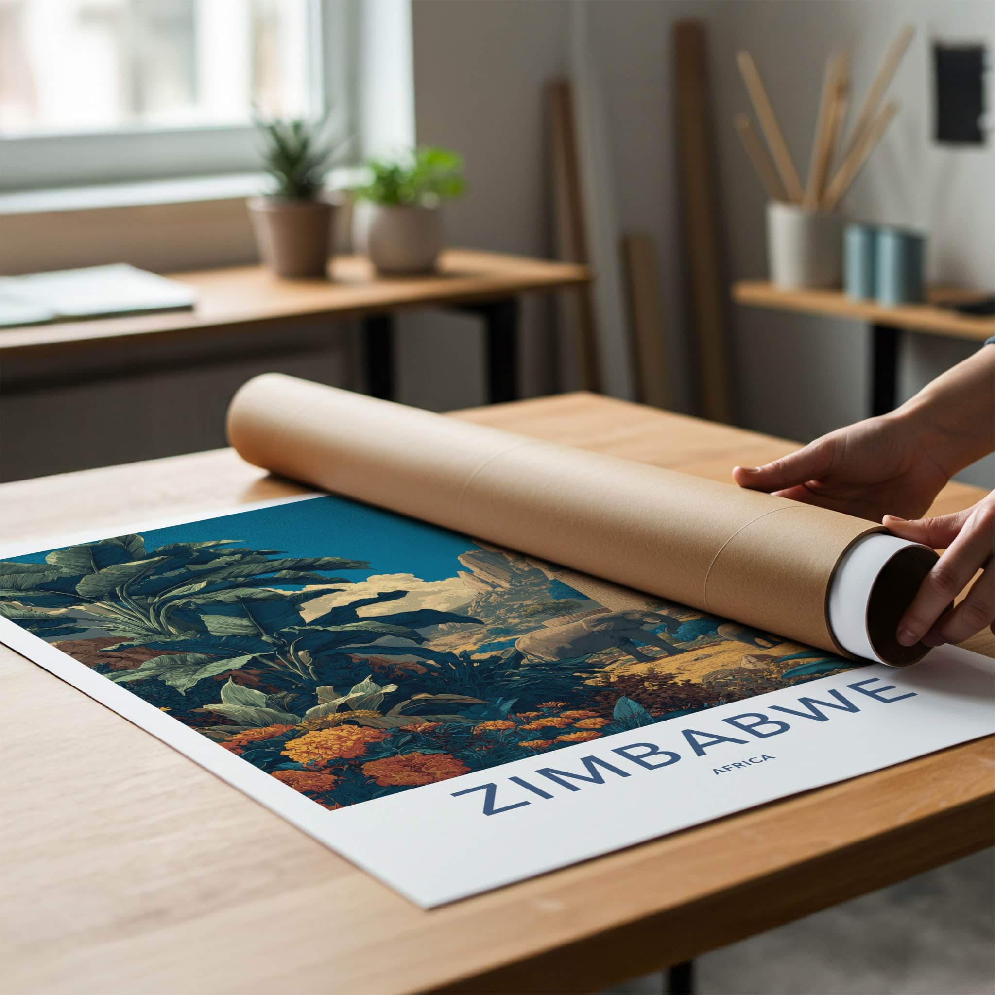 Zimbabwe Poster - Zimbabwe Lush Scene Elephants Home Decor