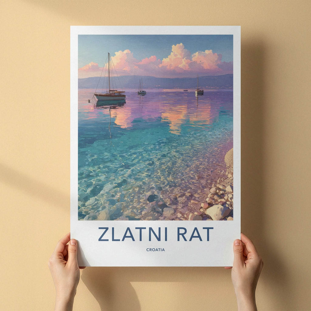 Zlatni Rat Poster - Croatia Travel Print - Coastal Boats Sunset Home Decor