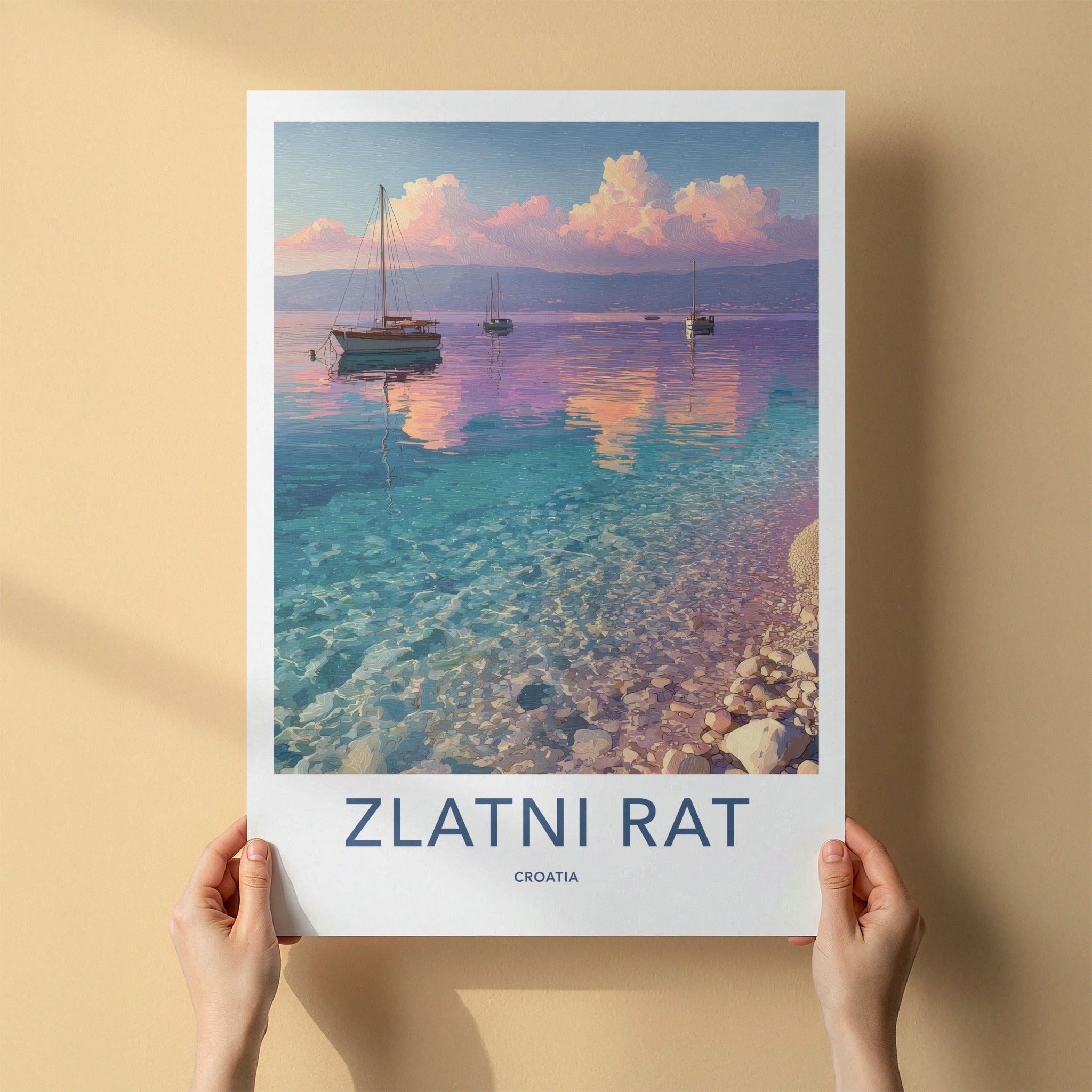 Zlatni Rat Poster - Croatia Travel Print - Coastal Boats Sunset Home Decor