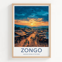 Zongo Poster - Congo Art Print - Bustling Market Sunset Home Decor