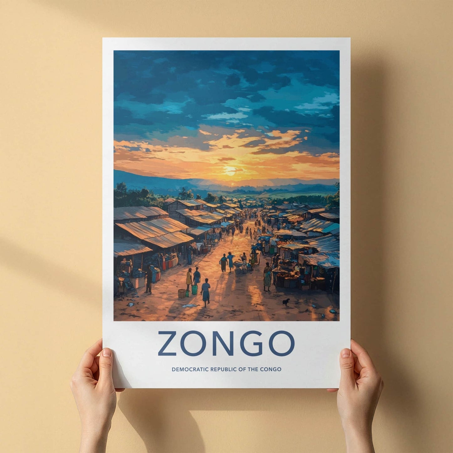 Zongo Poster - Congo Art Print - Bustling Market Sunset Home Decor