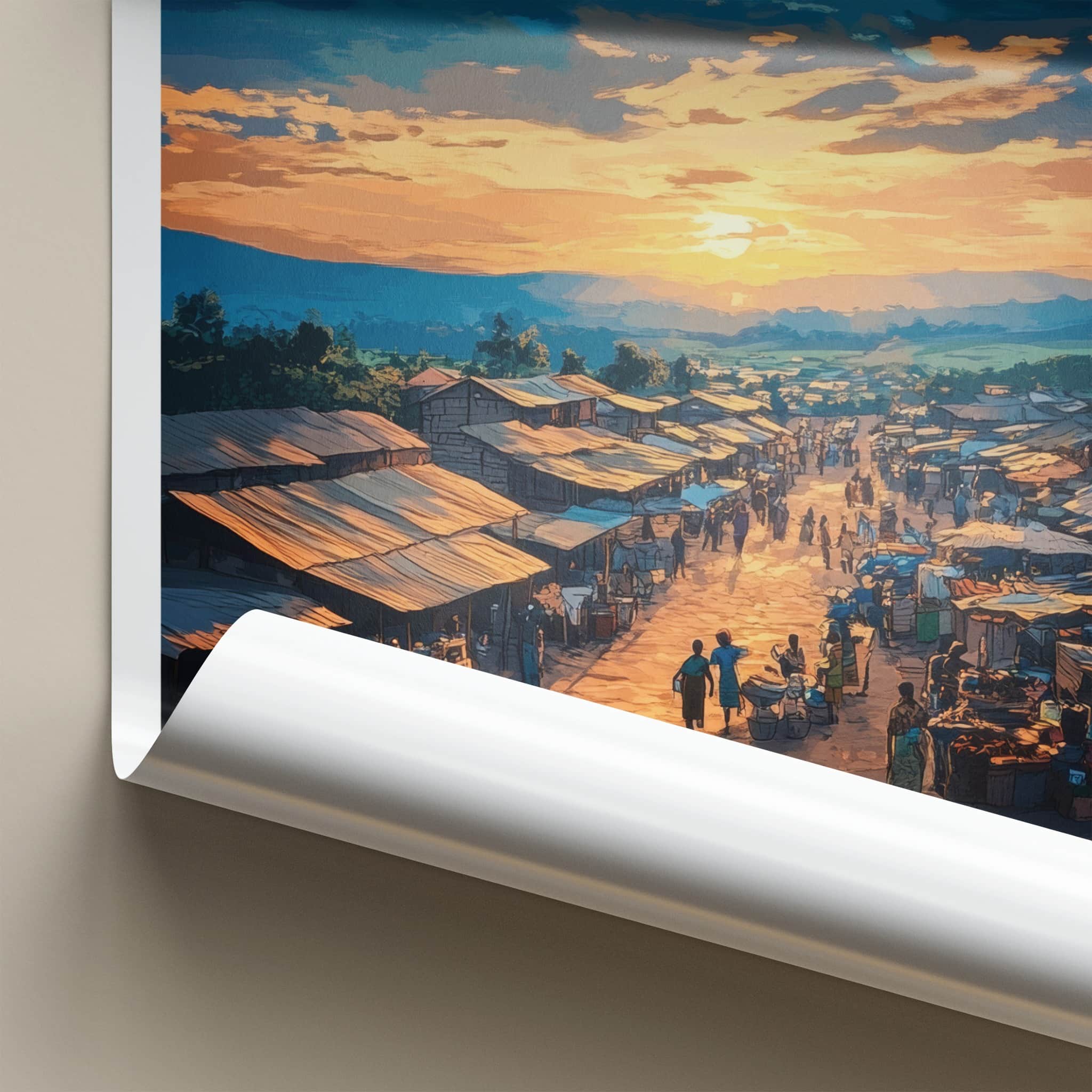 Zongo Poster - Congo Art Print - Bustling Market Sunset Home Decor