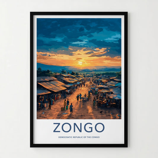 Zongo Poster - Congo Art Print - Bustling Market Sunset Home Decor
