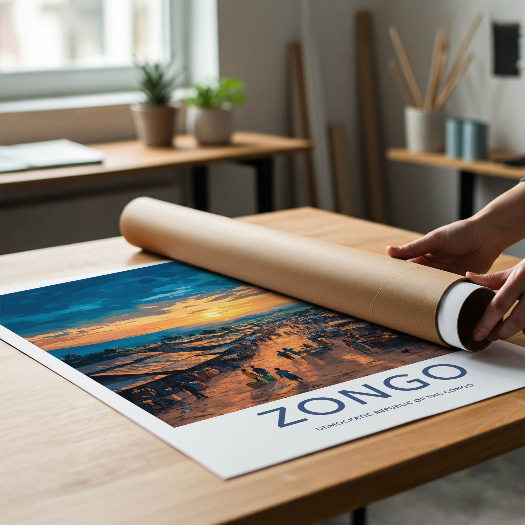 Zongo Poster - Congo Art Print - Bustling Market Sunset Home Decor