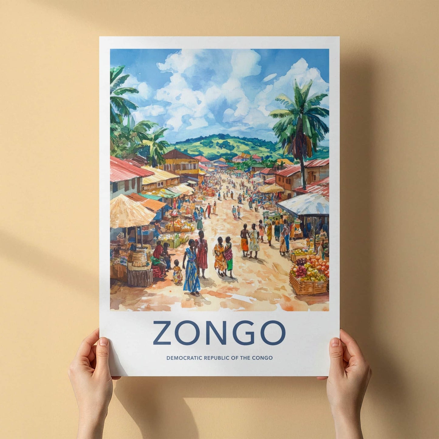 Zongo Poster - DR Congo Travel Print - Lively Market Vendors Wall Decor