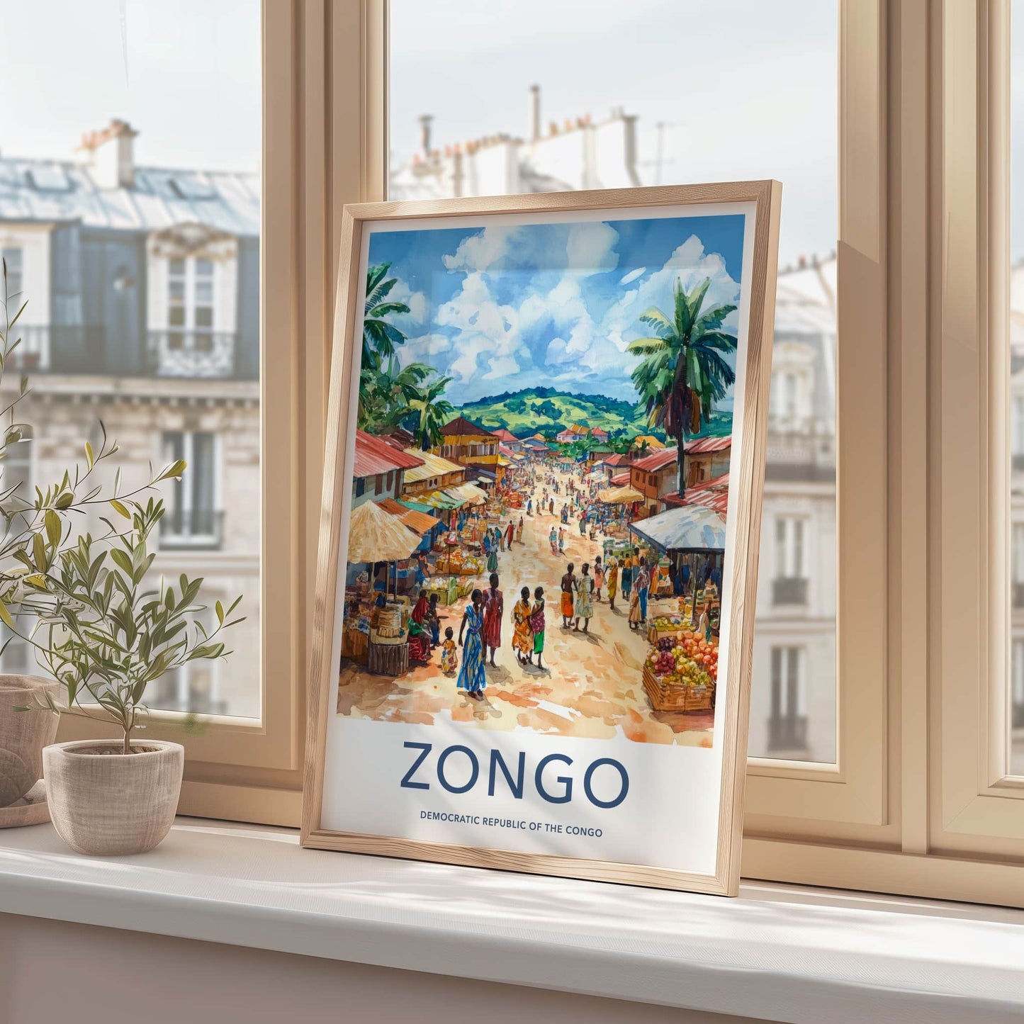Zongo Poster - DR Congo Travel Print - Lively Market Vendors Wall Decor