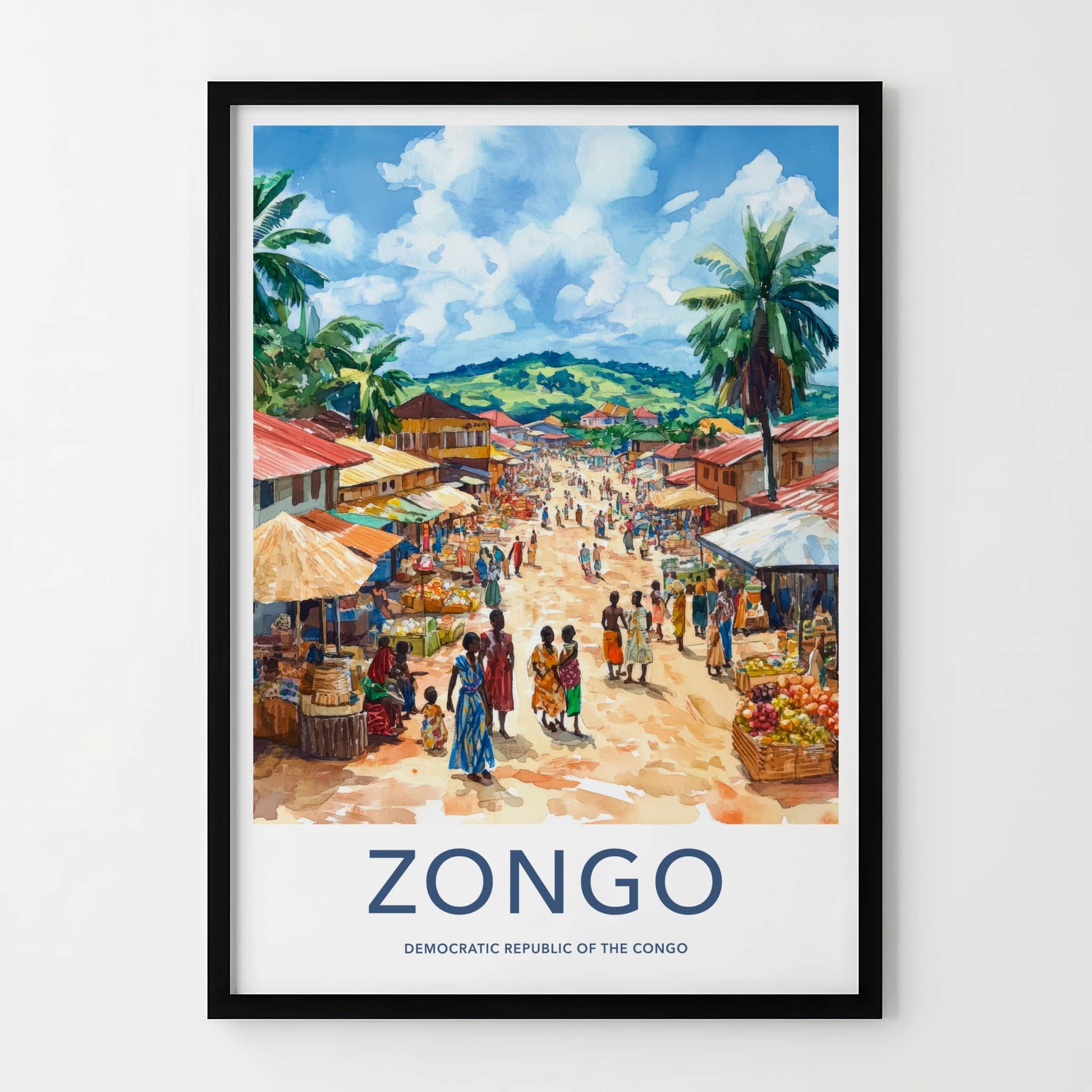 Zongo Poster - DR Congo Travel Print - Lively Market Vendors Wall Decor