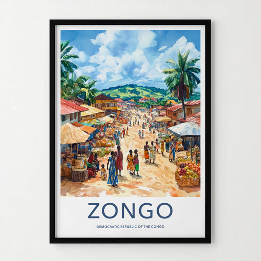 Zongo Poster - DR Congo Travel Print - Lively Market Vendors Wall Decor