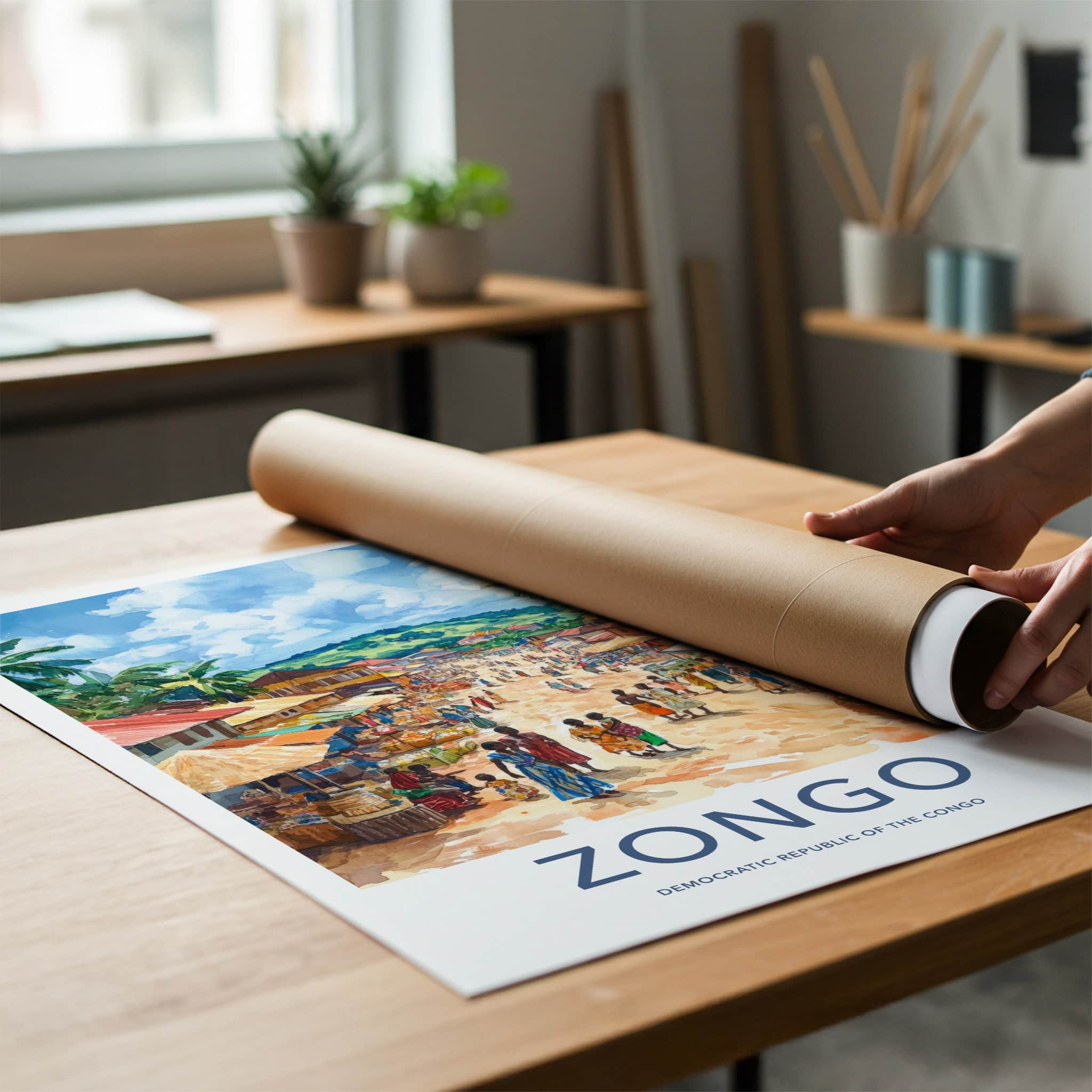 Zongo Poster - DR Congo Travel Print - Lively Market Vendors Wall Decor