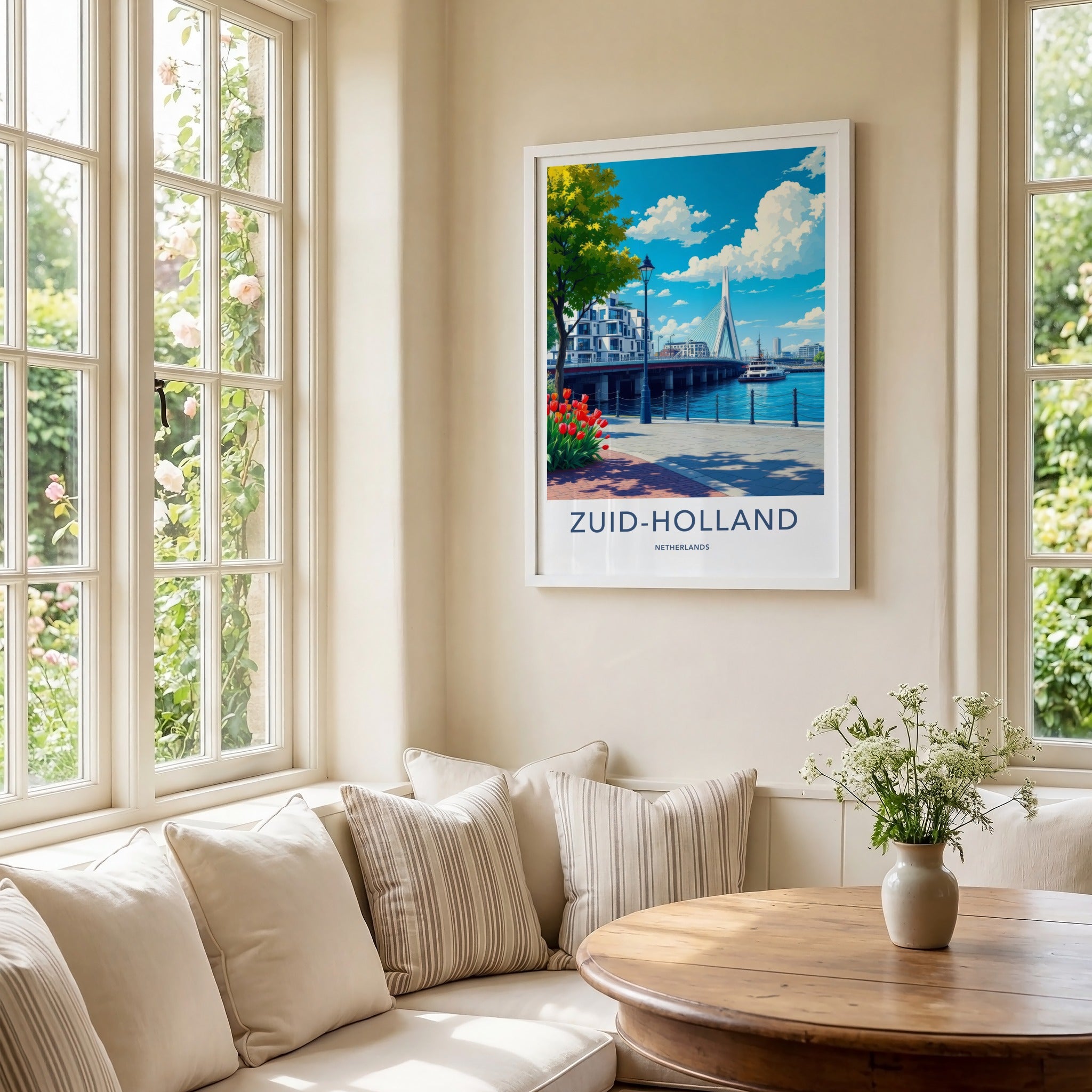 Zuid-Holland Poster - Netherlands Travel Print - Modern Bridge Waterfront Home Decor