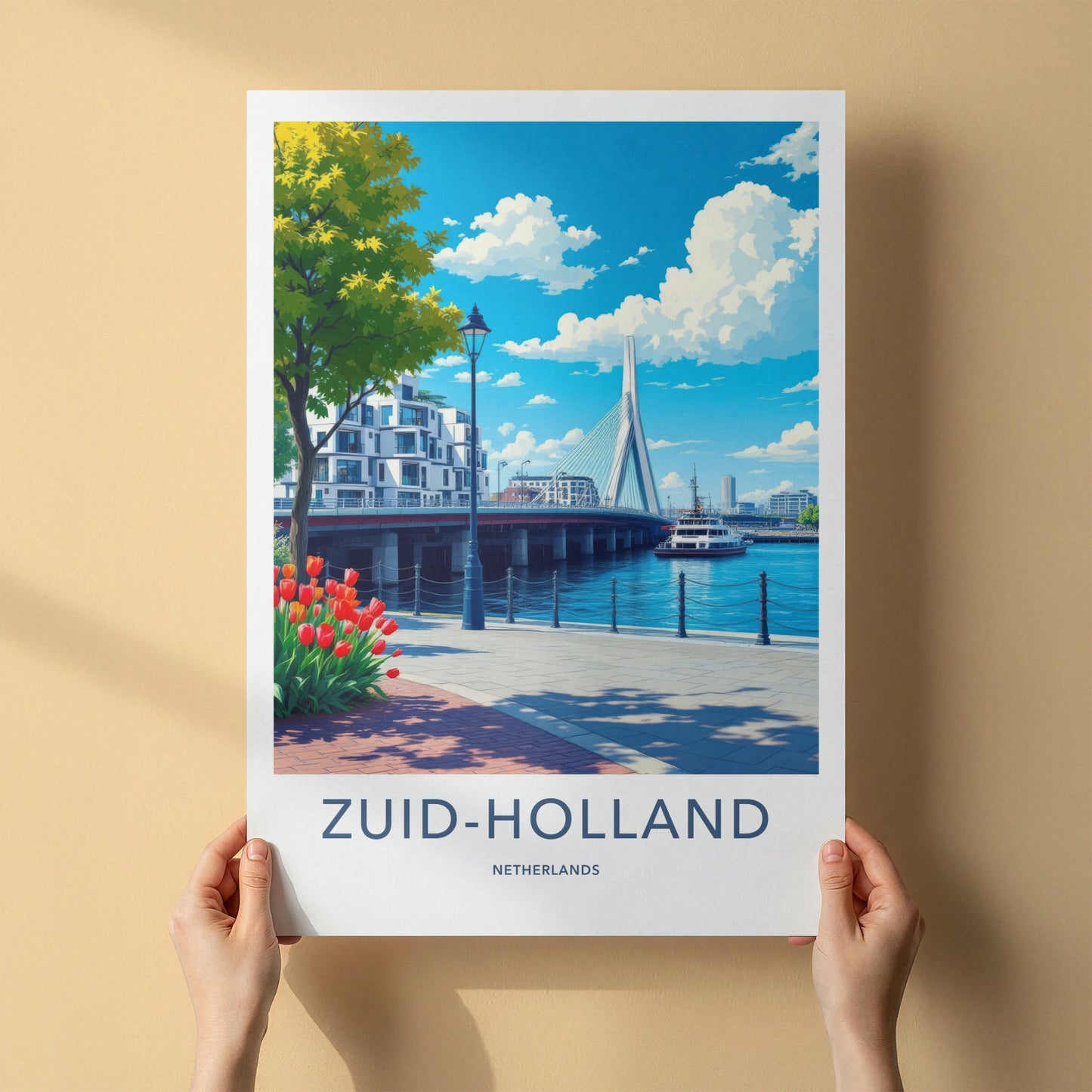 Zuid-Holland Poster - Netherlands Travel Print - Modern Bridge Waterfront Home Decor