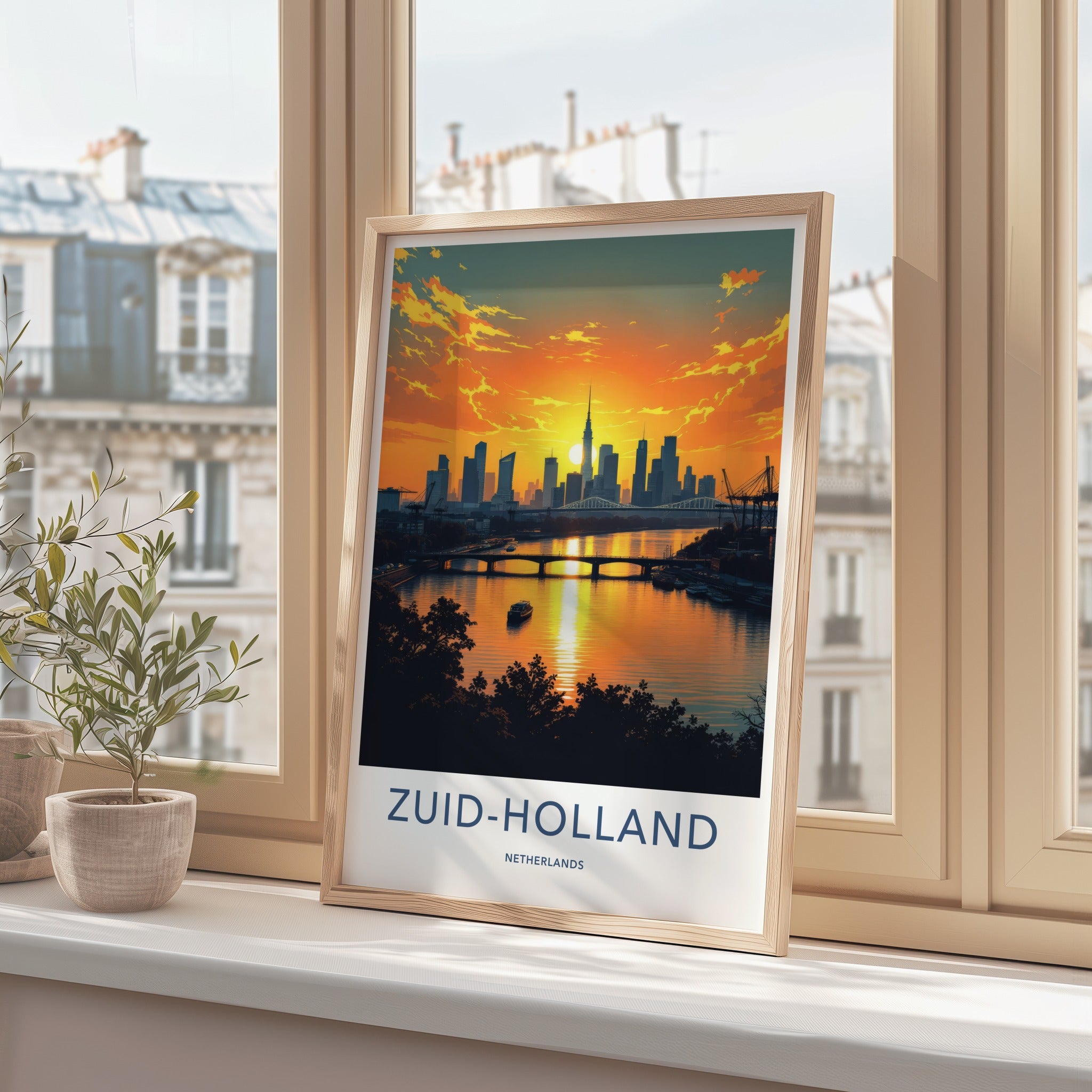 Zuid-Holland Poster - Netherlands Travel Print - Sunset City River Wall Decor