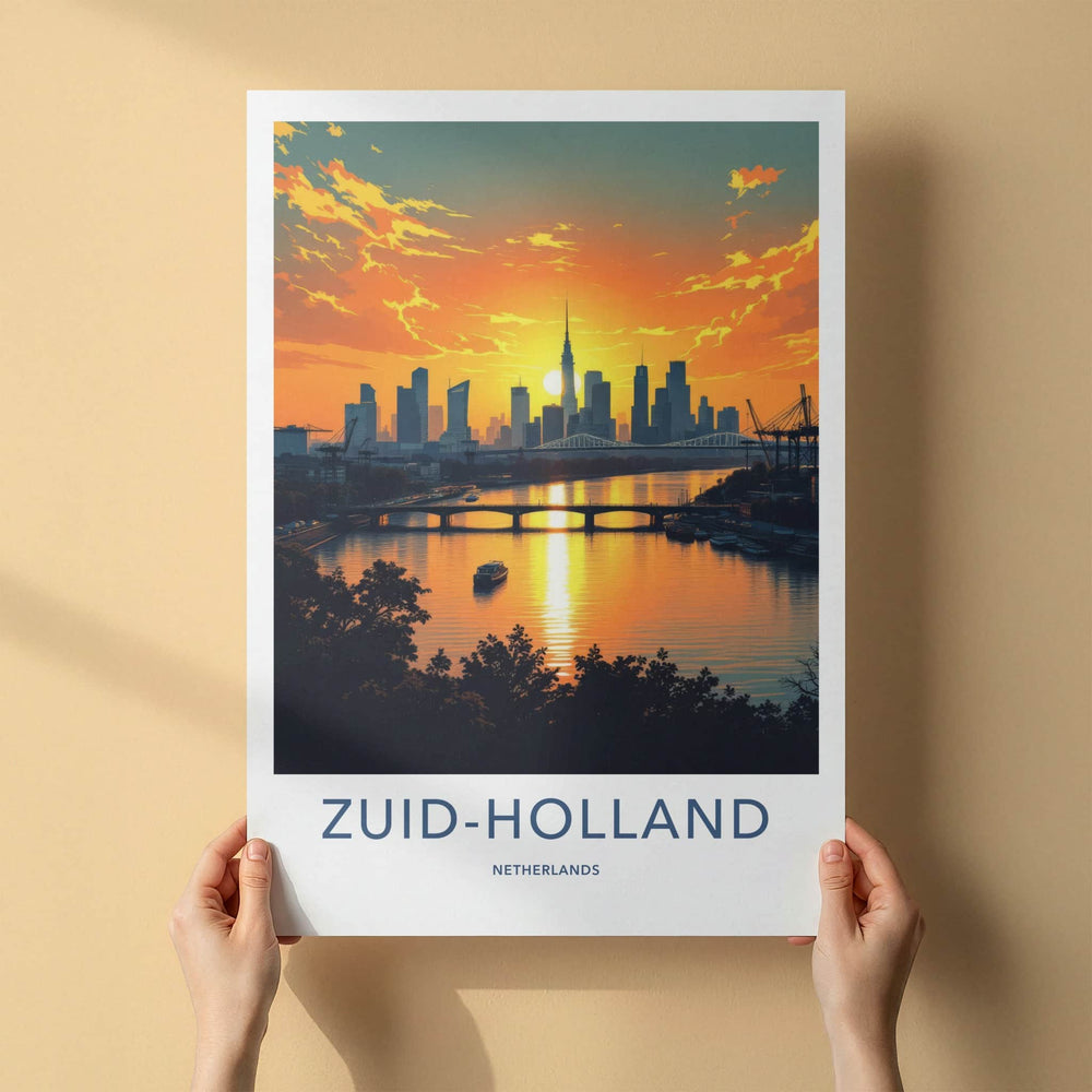 Zuid-Holland Poster - Netherlands Travel Print - Sunset City River Wall Decor