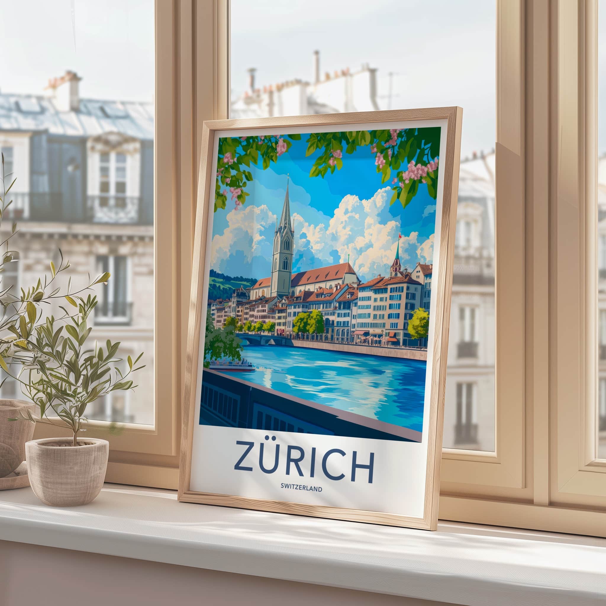 Zurich Poster - Switzerland Travel Art - Blossom River City Home Decor