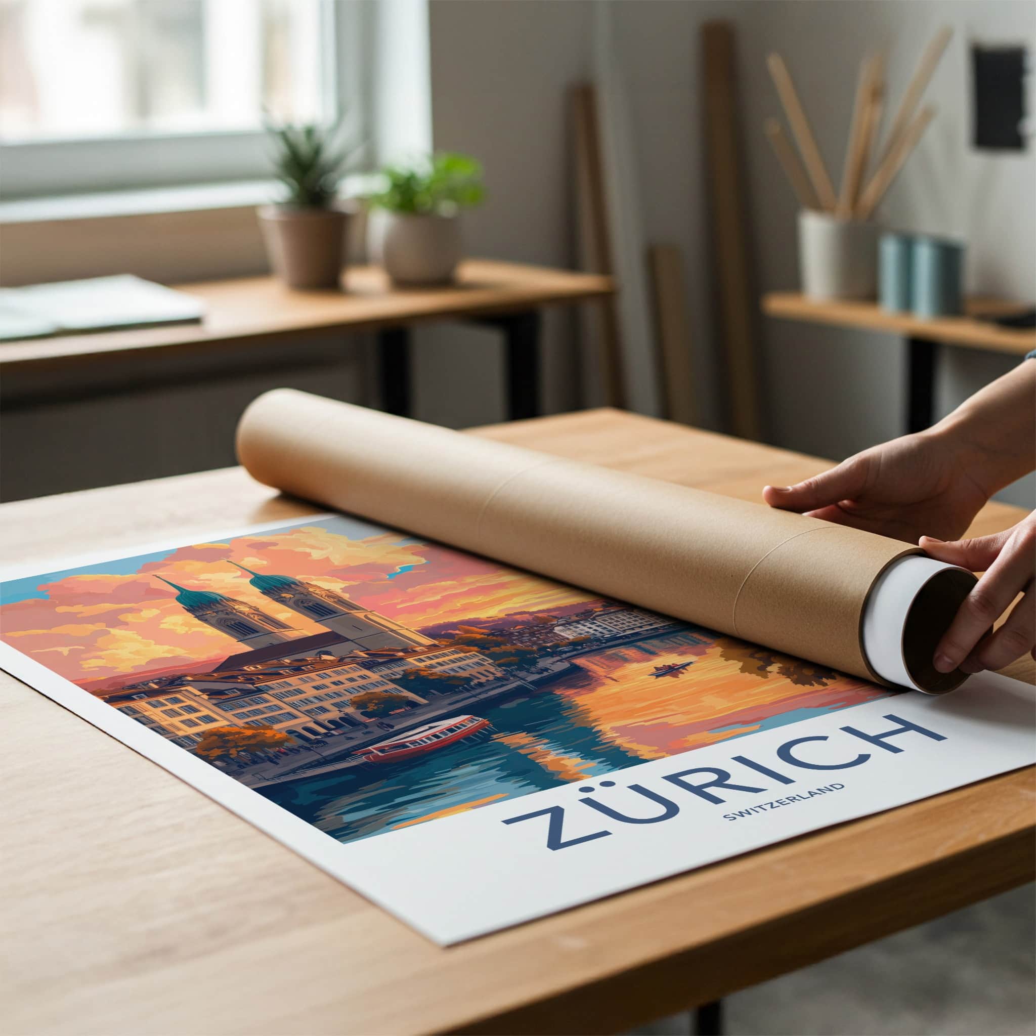 Zurich Poster - Switzerland Travel Art - City River Sunset Home Decor