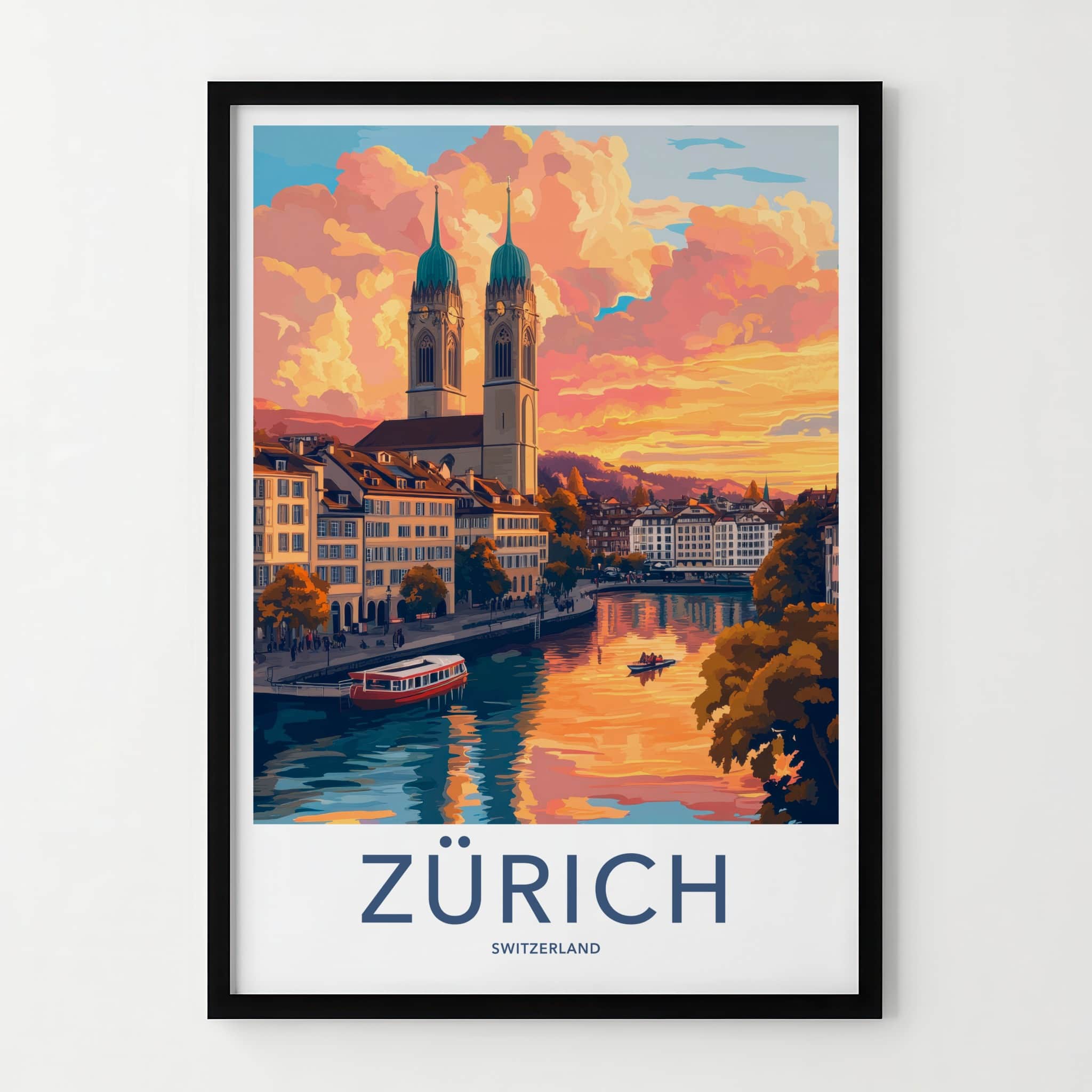 Zurich Poster - Switzerland Travel Art - City River Sunset Home Decor