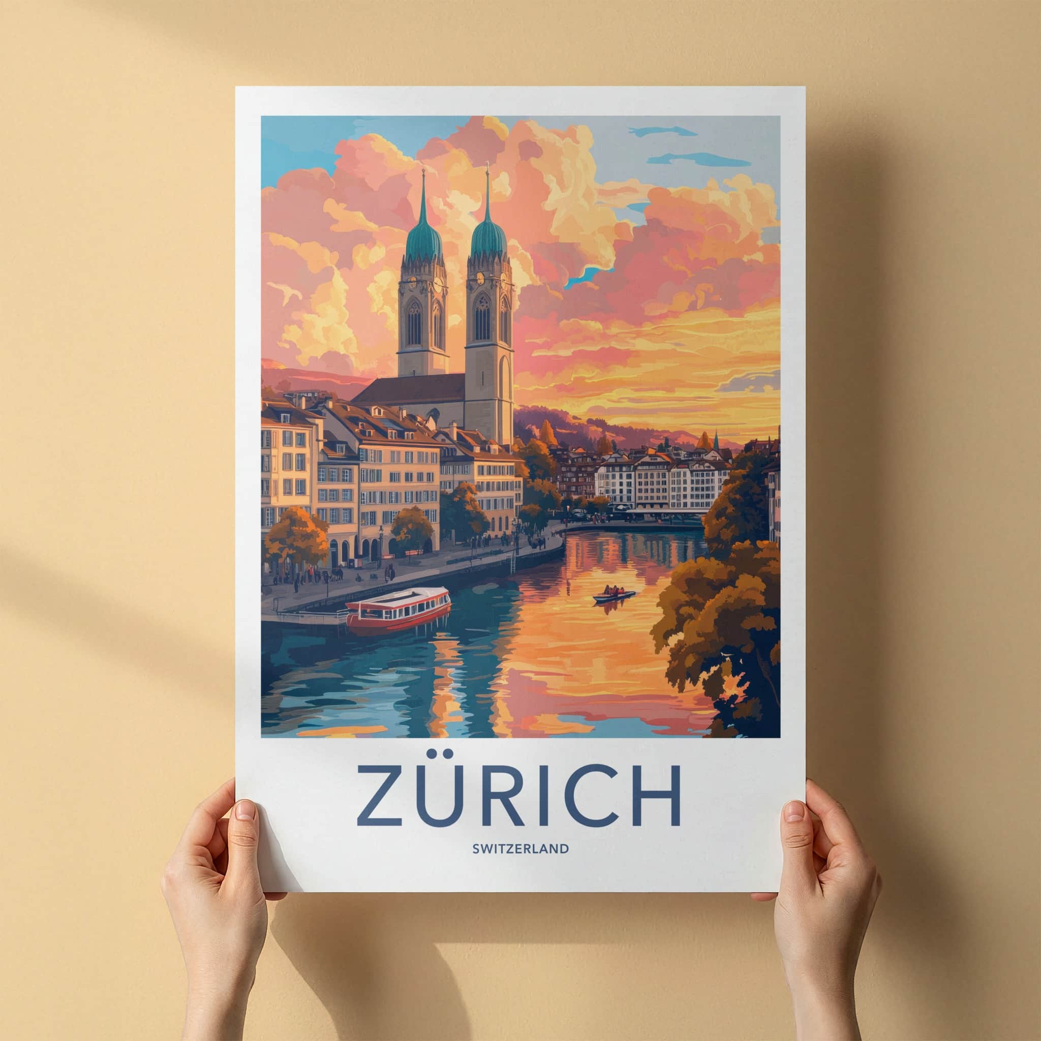 Zurich Poster - Switzerland Travel Art - City River Sunset Home Decor