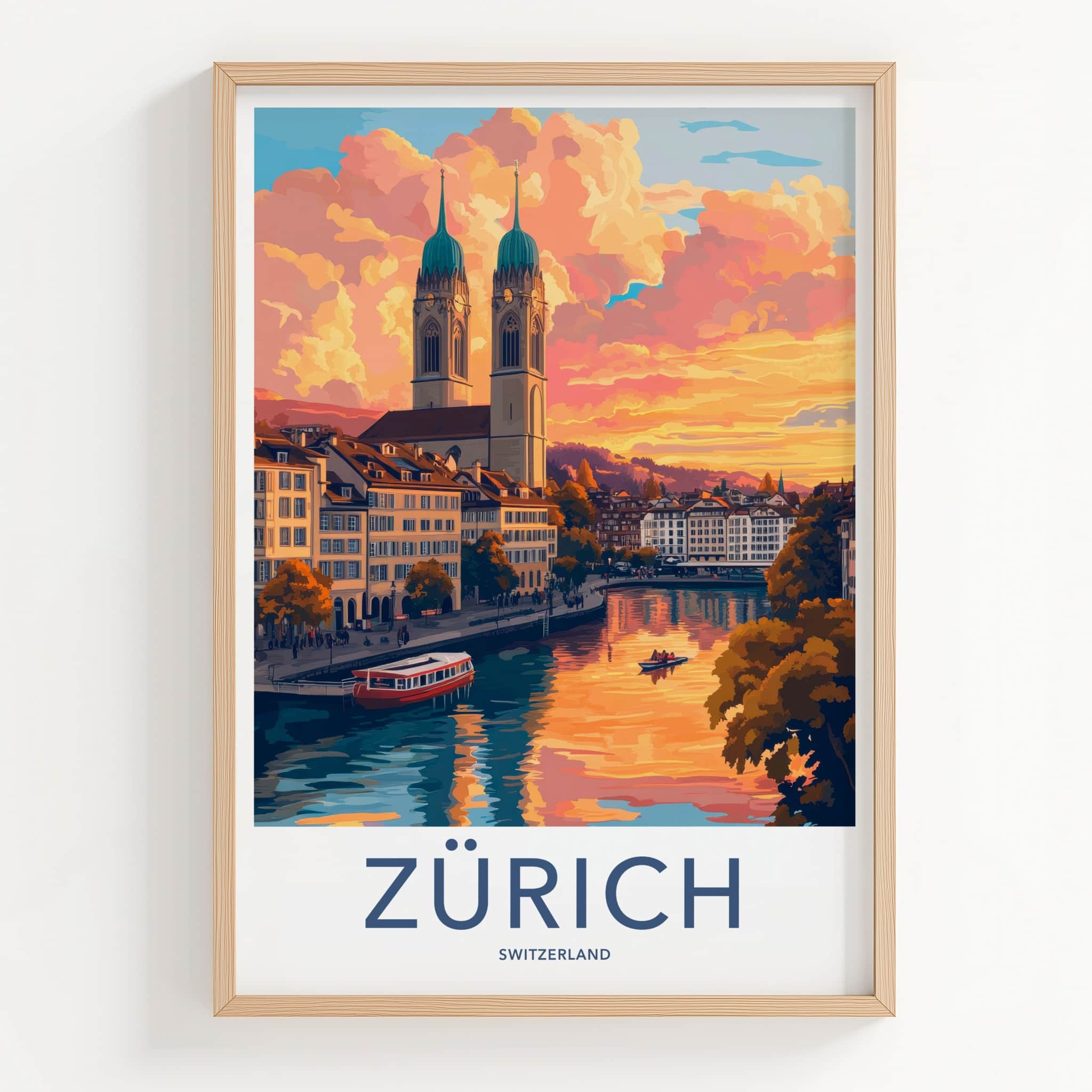 Zurich Poster - Switzerland Travel Art - City River Sunset Home Decor