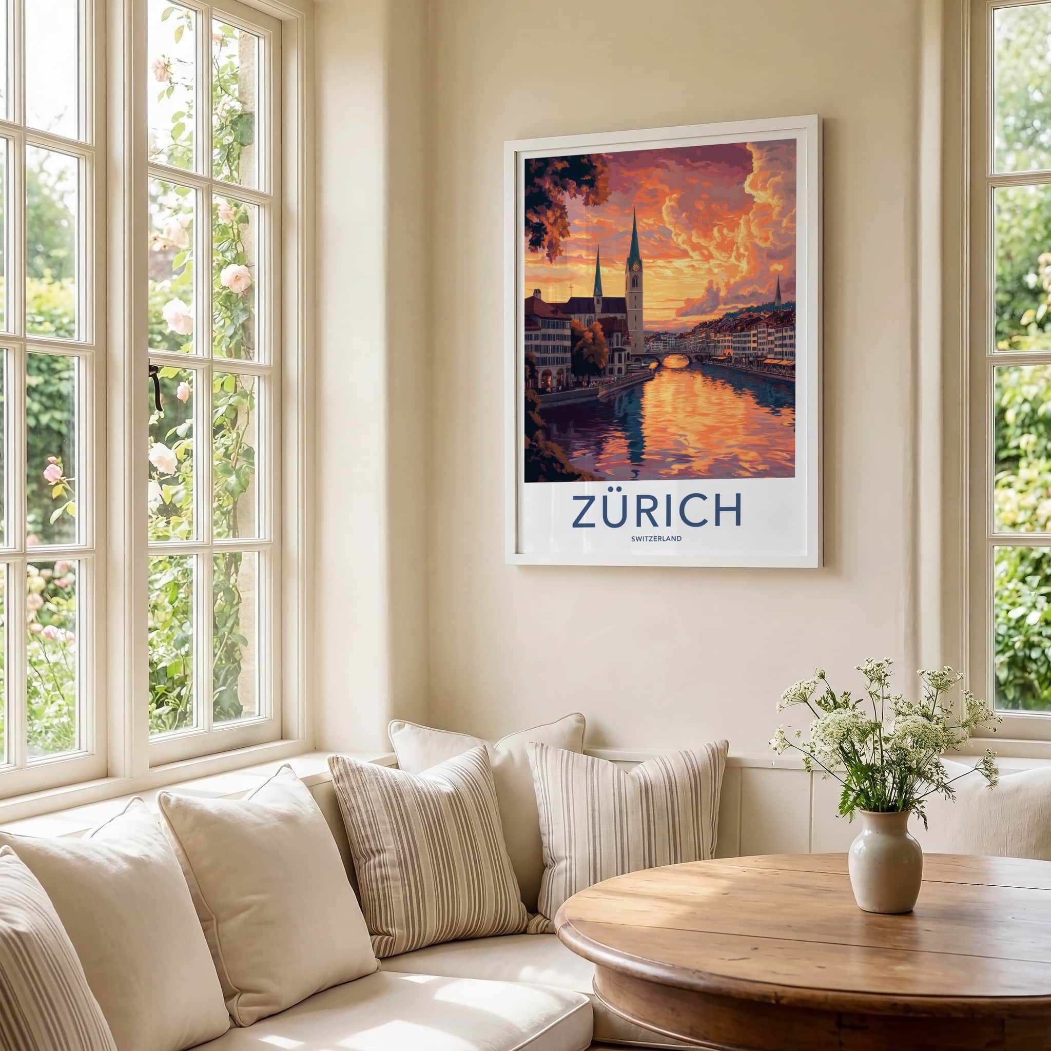 Zurich Poster - Switzerland Travel Art - Dramatic River Sunset Home Decor