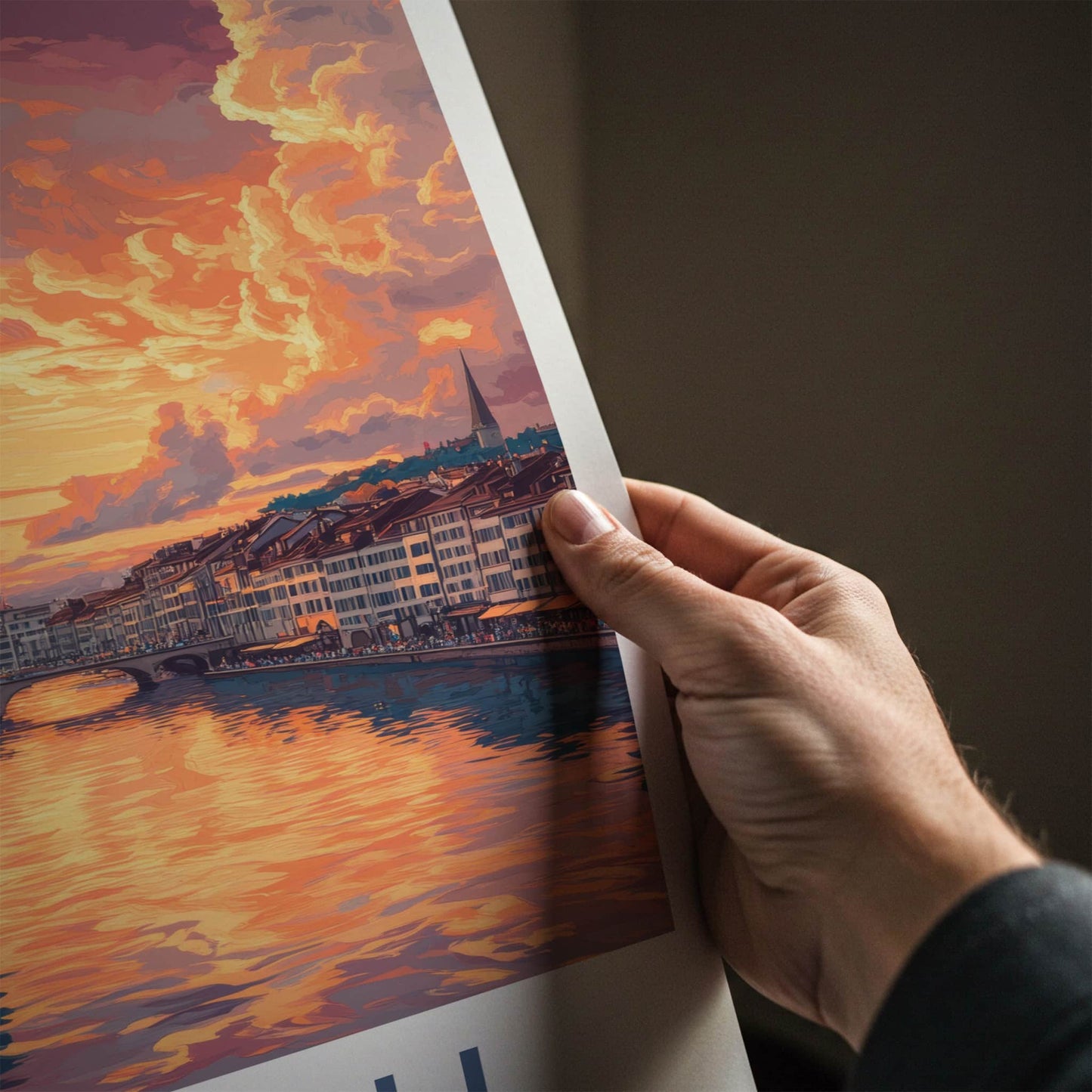 Zurich Poster - Switzerland Travel Art - Dramatic River Sunset Home Decor