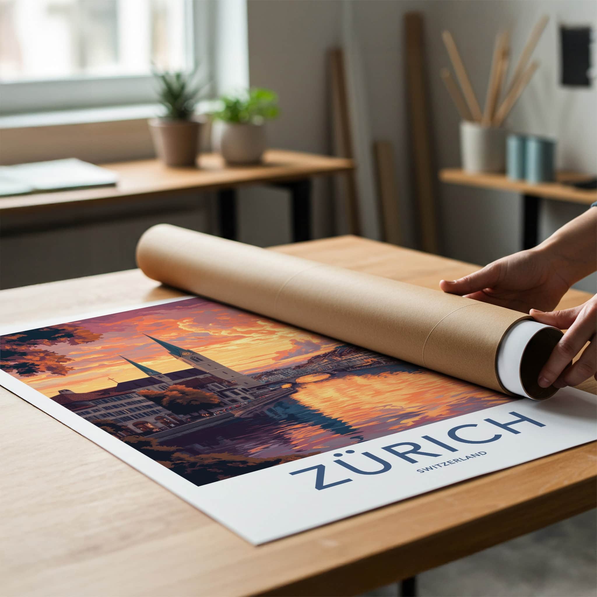 Zurich Poster - Switzerland Travel Art - Dramatic River Sunset Home Decor