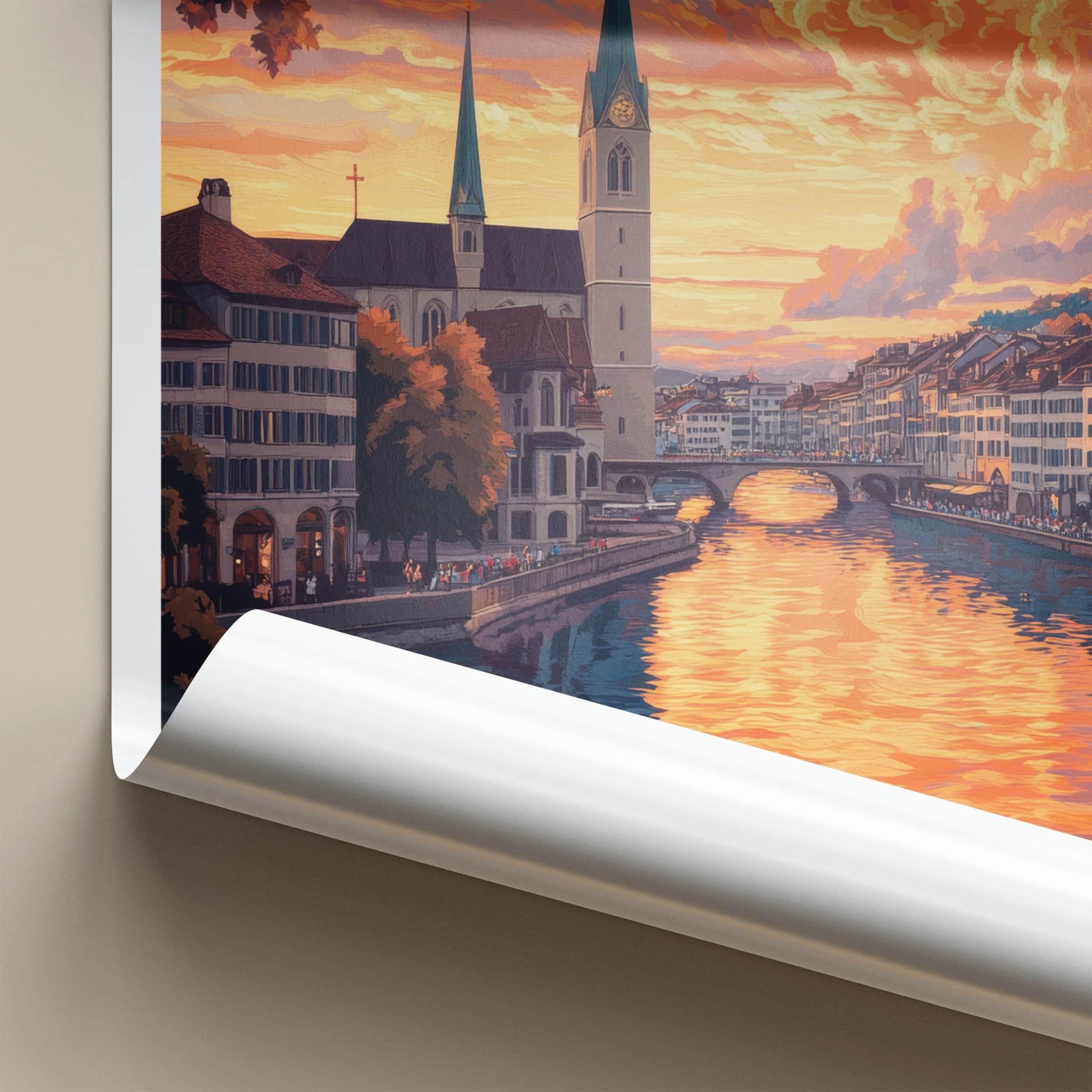 Zurich Poster - Switzerland Travel Art - Dramatic River Sunset Home Decor