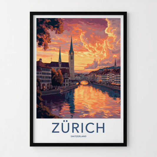 Zurich Poster - Switzerland Travel Art - Dramatic River Sunset Home Decor