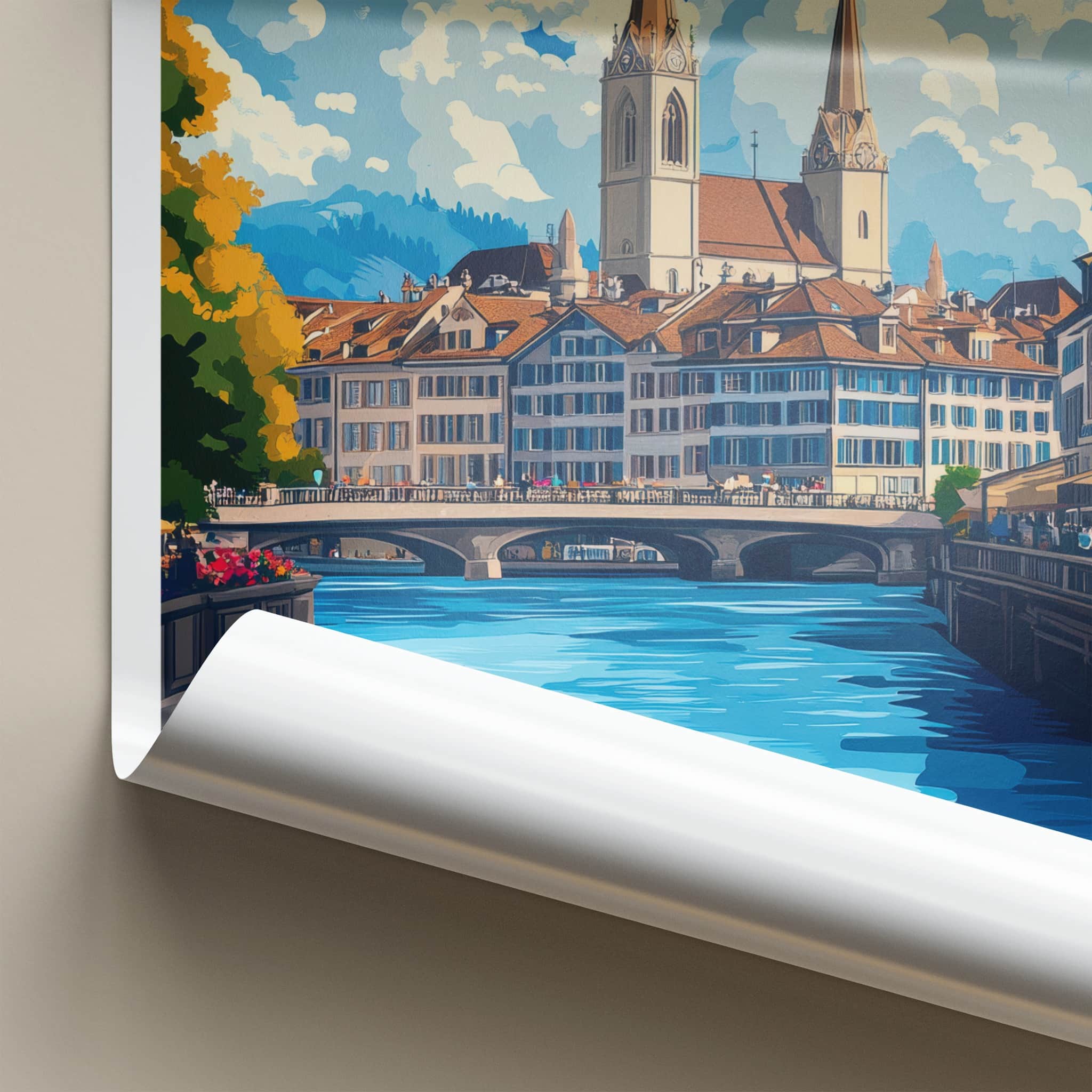 Zurich Poster - Switzerland Travel Art - Historic Riverfront City Wall Decor