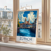 Zurich Poster - Switzerland Travel Art - Historic Riverfront City Wall Decor