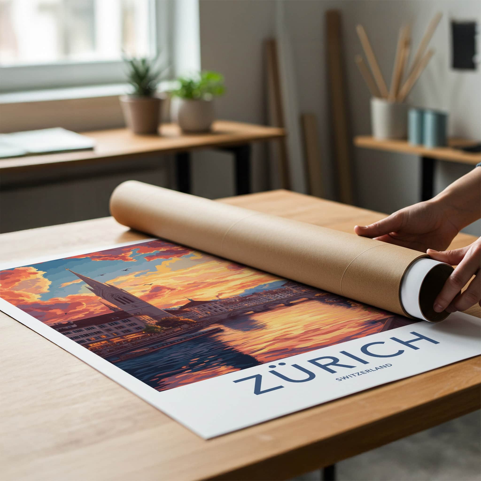 Zurich Poster - Switzerland Travel Art - Sunset River Cityscape Wall Decor