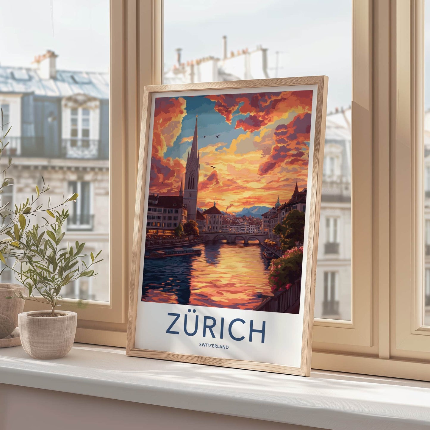 Zurich Poster - Switzerland Travel Art - Sunset River Cityscape Wall Decor