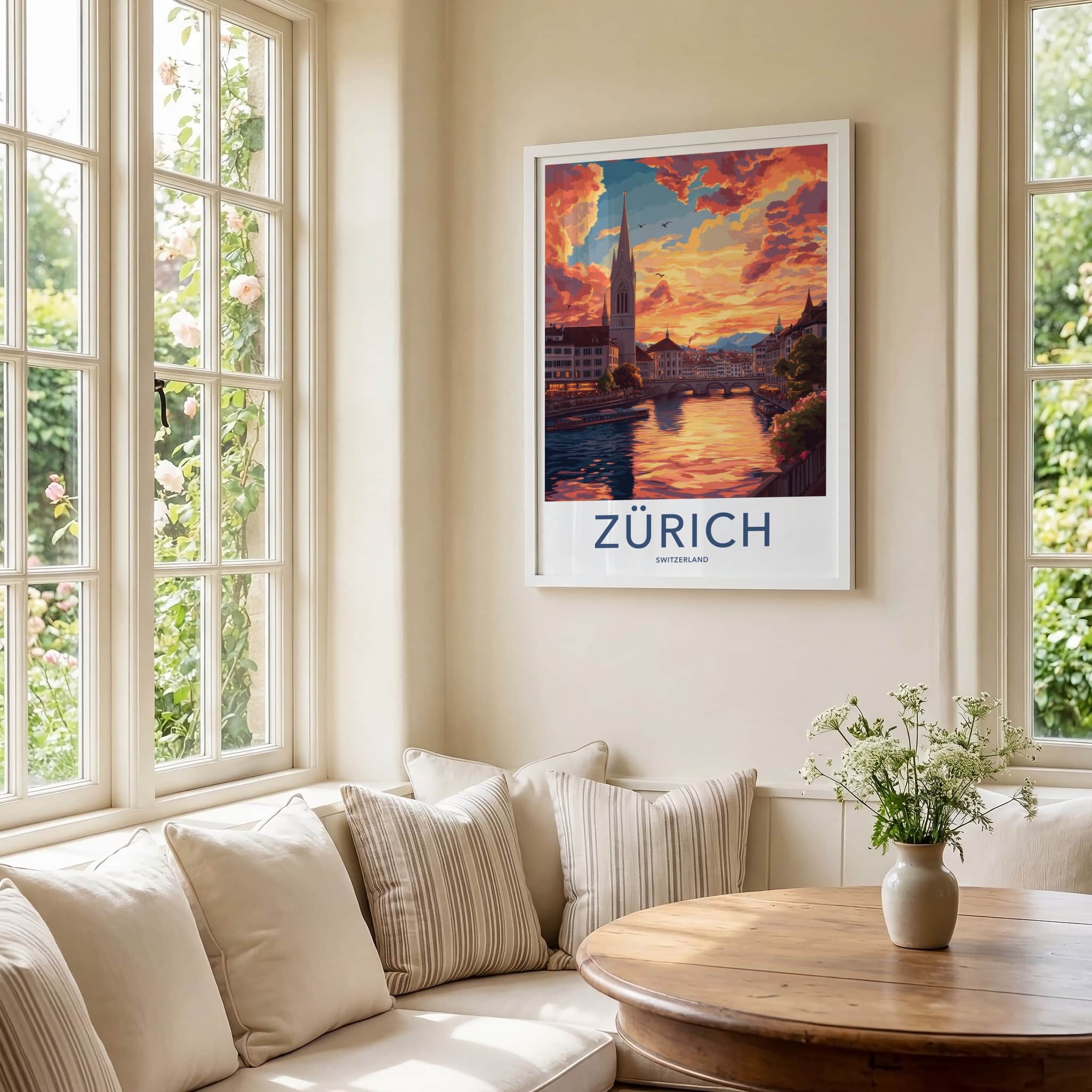 Zurich Poster - Switzerland Travel Art - Sunset River Cityscape Wall Decor