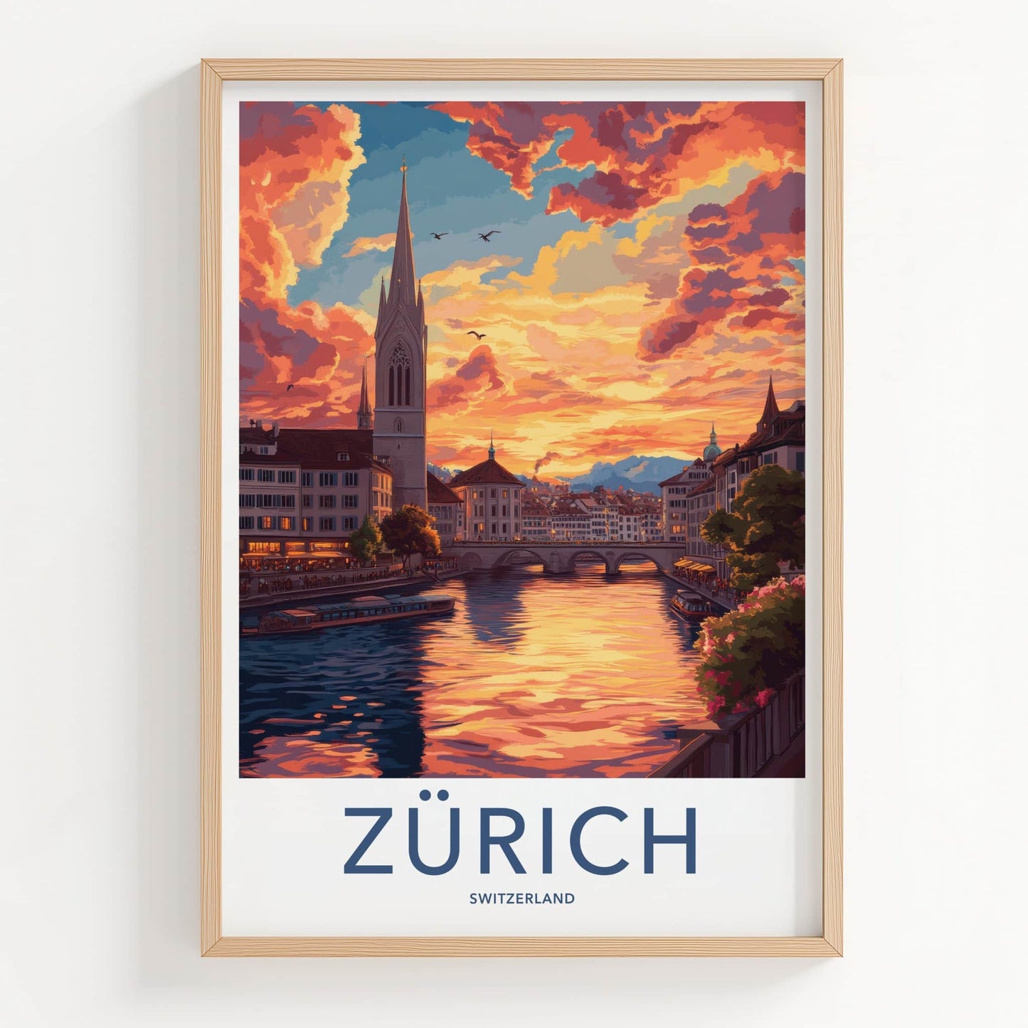Zurich Poster - Switzerland Travel Art - Sunset River Cityscape Wall Decor