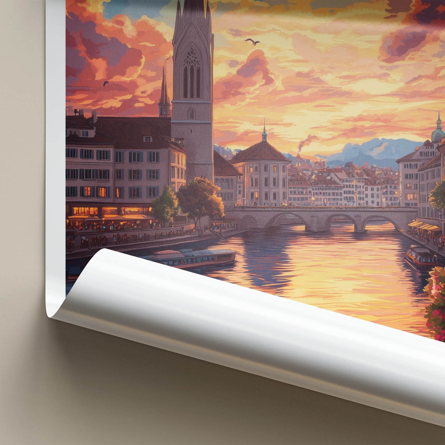 Zurich Poster - Switzerland Travel Art - Sunset River Cityscape Wall Decor