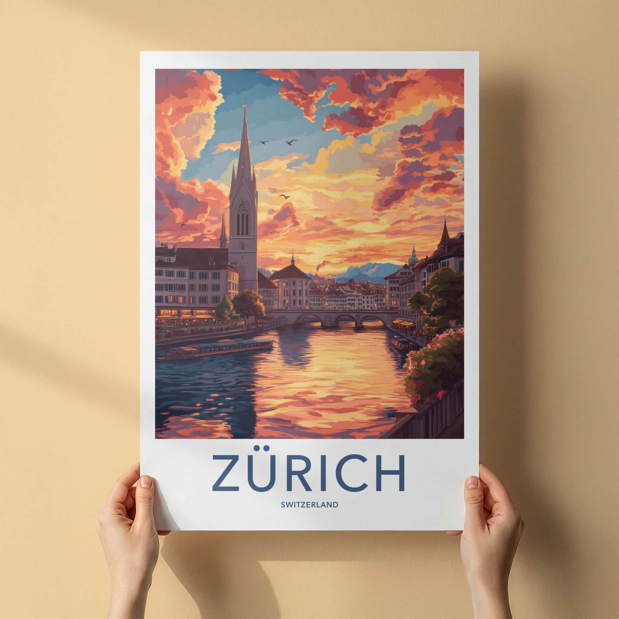 Zurich Poster - Switzerland Travel Art - Sunset River Cityscape Wall Decor