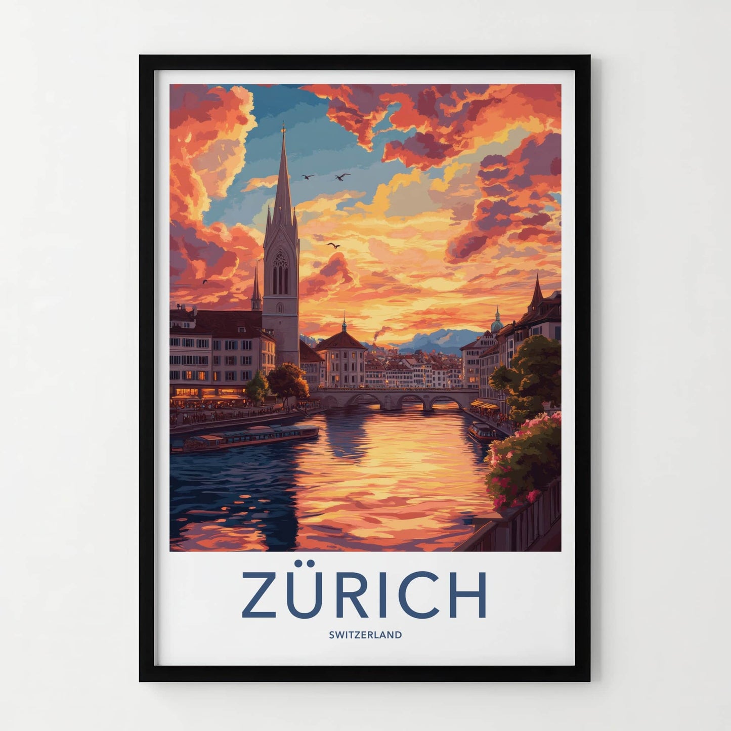 Zurich Poster - Switzerland Travel Art - Sunset River Cityscape Wall Decor