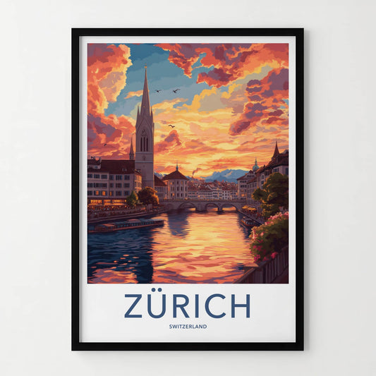 Zurich Poster - Switzerland Travel Art - Sunset River Cityscape Wall Decor