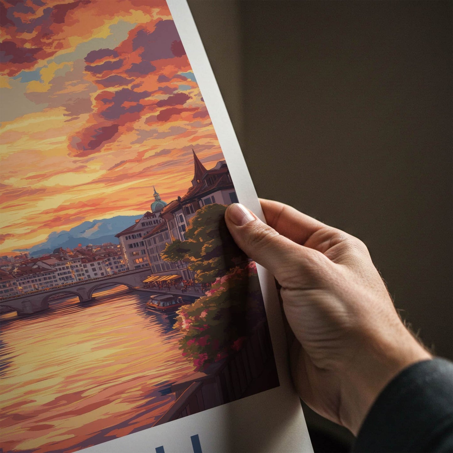 Zurich Poster - Switzerland Travel Art - Sunset River Cityscape Wall Decor